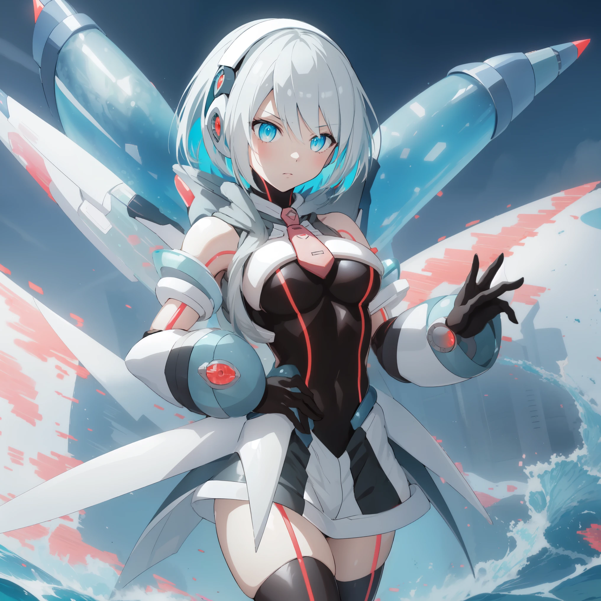 ico_megamanxdive, 1girl, blue eyes, solo, white hair, android, large breasts, black gloves, short hair, thighhighs, necktie, high quality, masterpiece, surrounded by water and a small moon, in the style of vivid energy explosions, anime art, dark palette, sharp and angular, dragon art, 8k, whirring contrivances