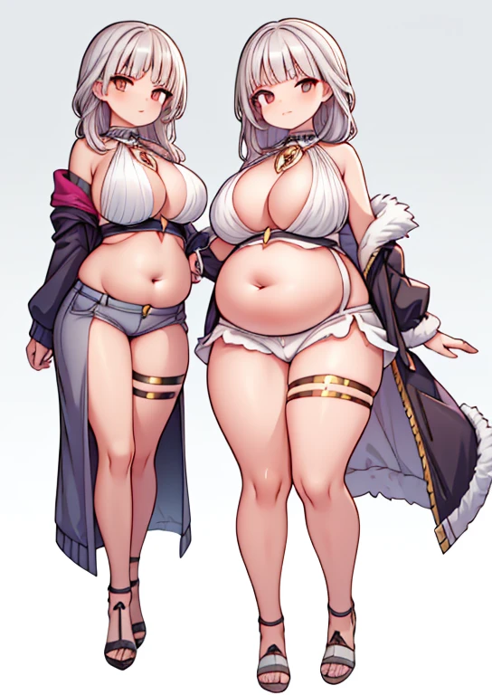 (masterpiece, best quality, highly detailed), 1girls, big belly, huge belly, art by kipteitei, round belly, chubby, curvy, belly grab, enormous belly, fat belly, thicc, bigger belly, really big belly, jiggly belly, glasses, unzipped jacket, (no shirt), bra, thight shorts, high heels, smug face ((full body)), long hair