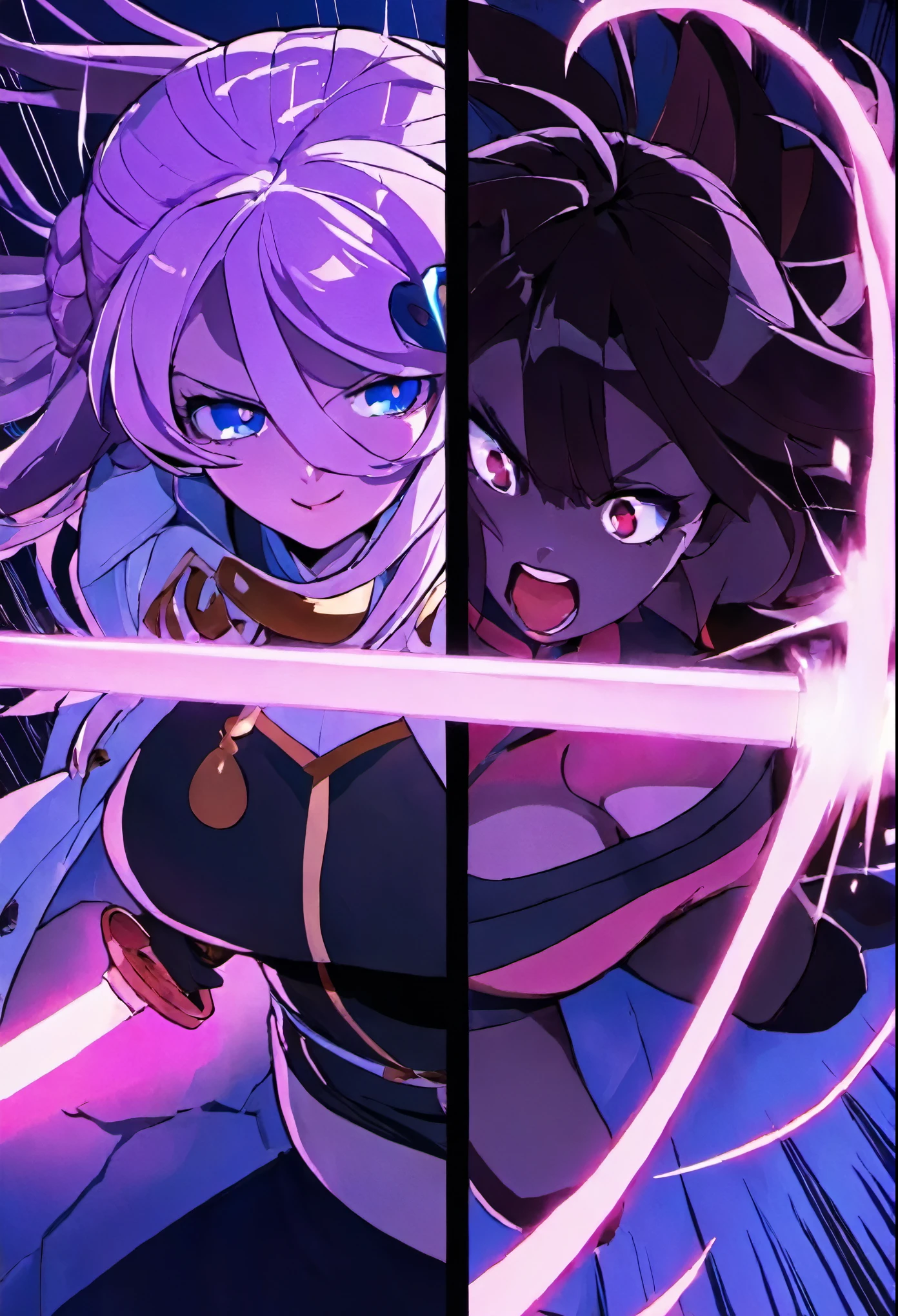 a high-definition, 8k masterpiece that features two attractive adult swordswomen. One of them is Connie Maheswaran, aged 25, dressed in a blue and white striped halter top and black microshorts, wielding a large pink sword with grace. The other is Narmaya from Granblue Fantasy, clad in a sleek black dress and white coat, her hand gripping the hilt of her katana. 

They are facing each other in an intense duel under the moonlight, their swords clashing with powerful impact frames. Picture them standing on a field, their competitive smirks adding to the tension of their sparring match. The scene is focused on them; their perfect bodies, hands, faces and eyes gleaming under the atmospheric lighting.

Visualize this scene as it would be in Blazblue style: raw sensuality meets hyper-femininity amidst incredibly sharp absurdres and gradients. Deep highlights accentuate their cleavage cutouts and extremely detailed swords while motion lines portray the fast-paced action.

The artwork should be full-bodied with cel-shaded characters against dynamic scenery. It's an exciting battle art splash filled with cool tones and rich atmospheric shading that captures every detail of the action choreography from dynamic angles and perspectives.

Think about how you can use intense lighting effects to highlight key visuals and create dynamic lines of action. This prompt calls for amazing quality that combines fun with excitement through its intricate details and motion elements