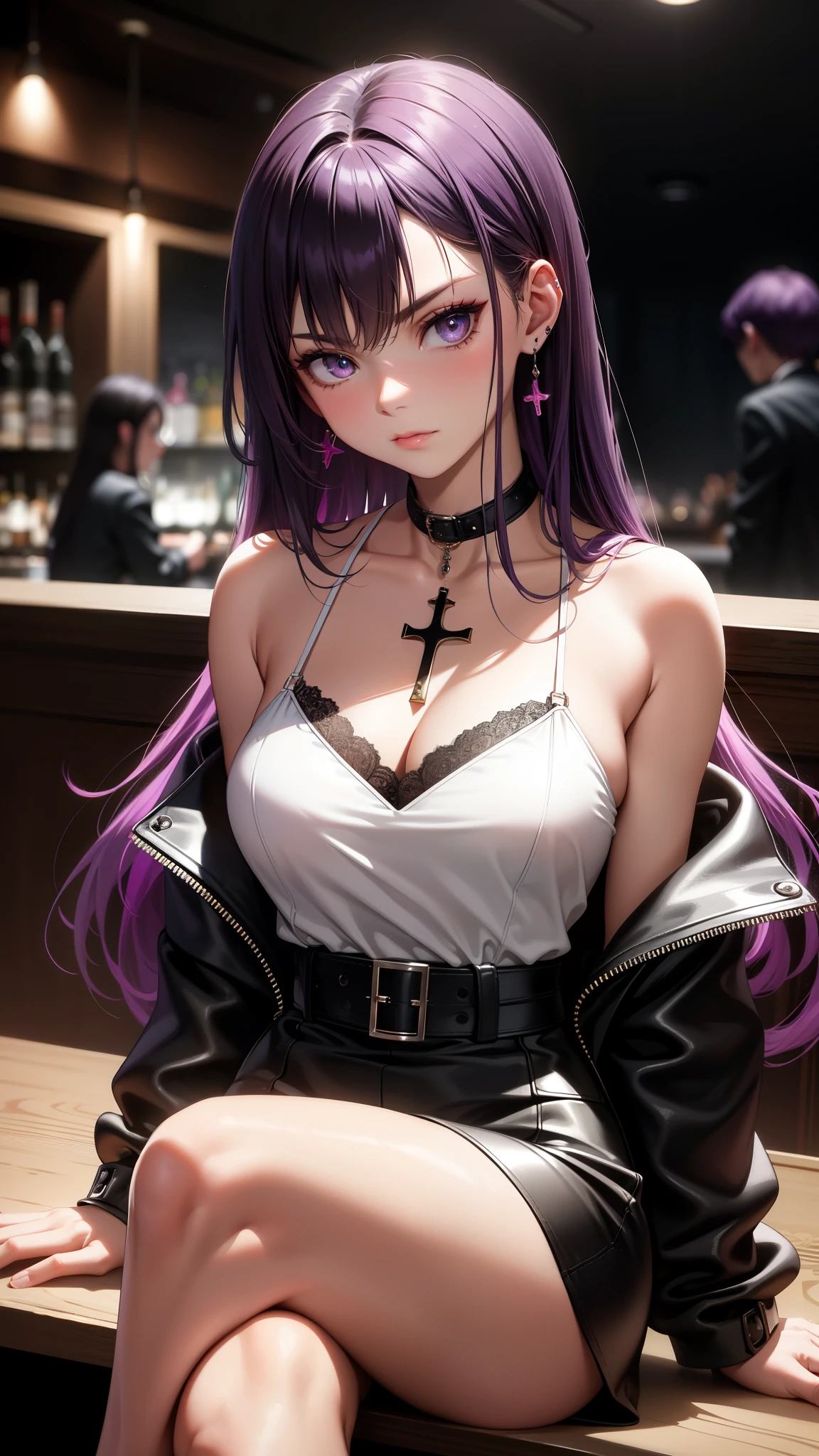 (best quality:1.1), (Masterpiece:1.2), High quality, beautiful details, Beautiful face, detailed eyes, depth of field, high resolution, best shadow, best light, 1 girl, see the audience, shiny purple hair, smooth, blunt, long hair, ruby pink ดวงตา, shy, very big breasts, pump, (white camisole), black leather jacket, black leather skirt, table, mirror, liquor bottle, night time, rift,  Fierce eyes, pub bar background, sexy, cool, throw, Cool ,Ear jewelry, Sitting cross-legged, sofa , bitch