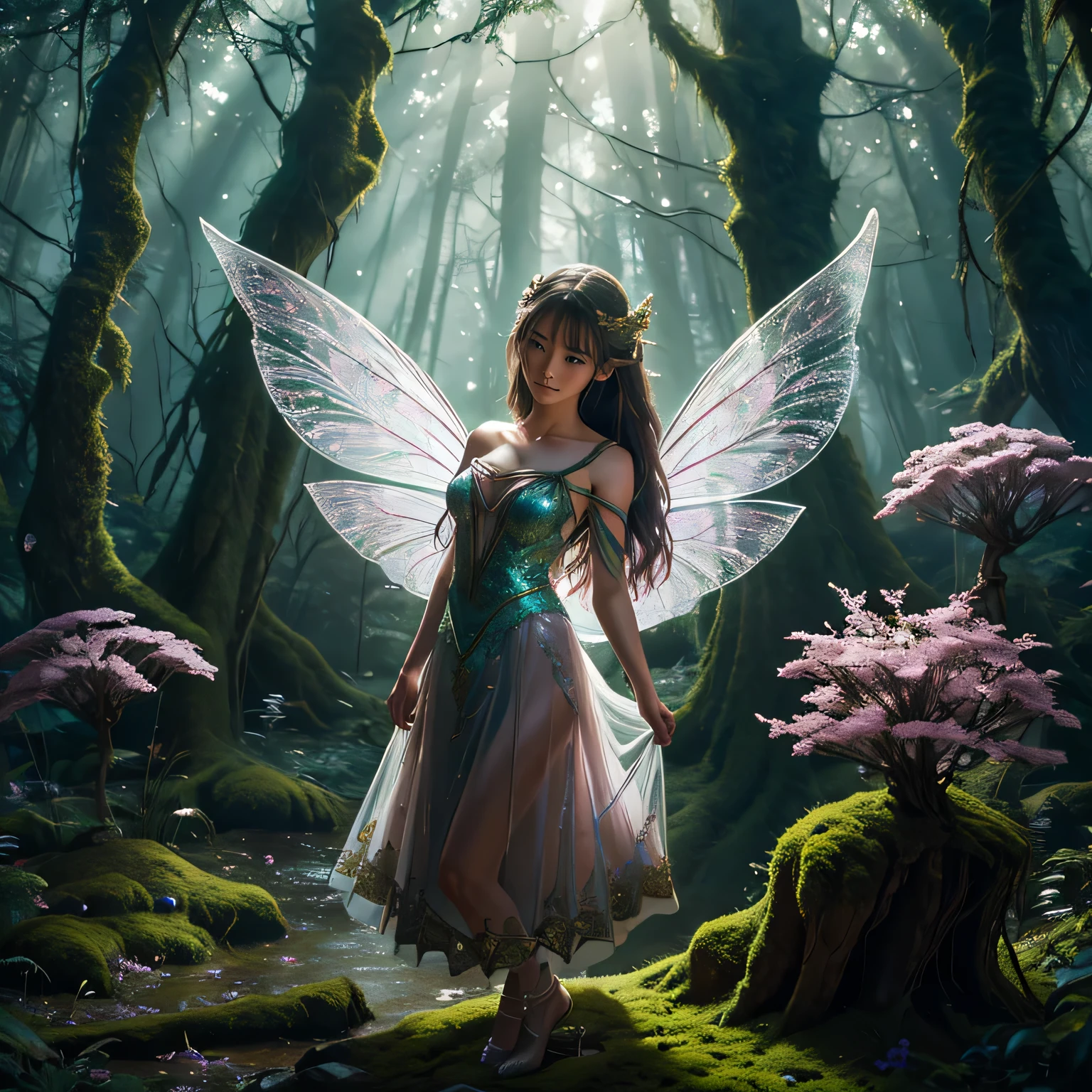 rope, enchanted forest, magical atmosphere, surreal, vibrant colors, soft lighting, ethereal, detailed fairy wings, mischievous expression, dynamic composition, fantasy elements, moss-covered trees, sparkling fairy dust, whimsical, mysterious, intense emotion, suspenseful, hidden treasure, ornate costume, gleaming dagger, suspenseful narrative, delicate features, delicate flowers, dramatic shadows.
(best quality, highres), enchanted forest scene with a fairy tied up by a female thief. The fairy has intricate wings that shimmer with vibrant colors and delicate details. The thief, with a mischievous expression, is tying the fairy with a rope in a dynamic and suspenseful composition. The forest is filled with moss-covered trees and the atmosphere is magical and surreal. Soft lighting adds to the ethereal and mysterious ambiance. The fairy's delicate features show intense emotions as she struggles against the binds. Whimsical elements like sparkling fairy dust float in the air. The thief wears an ornate costume and holds a gleaming dagger. The scene hints at a hidden treasure and creates a suspenseful narrative. Delicate flowers bloom around the characters, contrasting with the dramatic shadows in the forest.