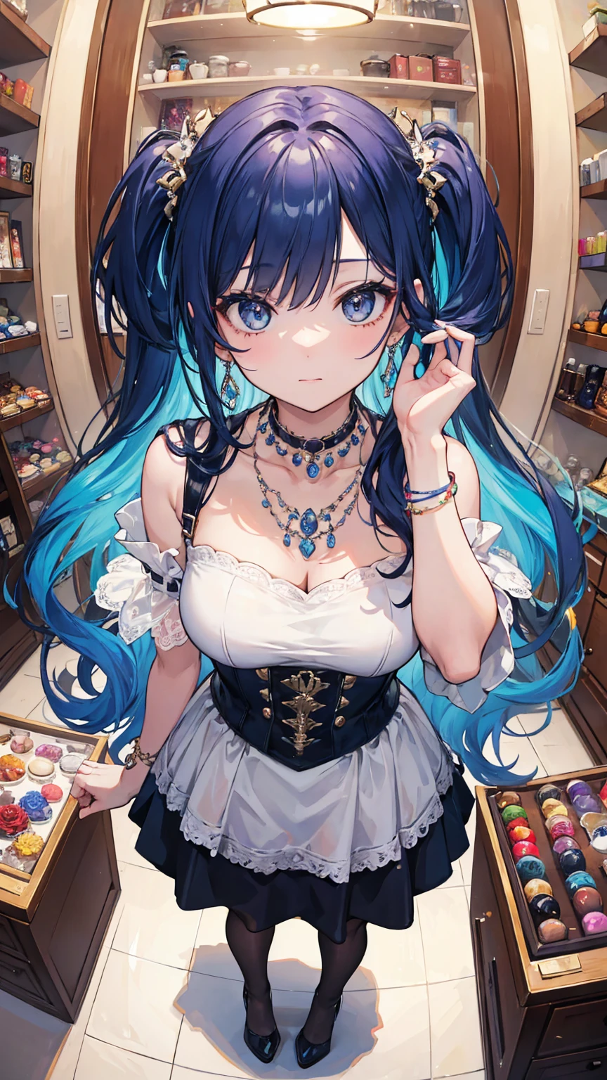 (masterpiece, best quality), (colorful:1.4), from above, solo, 1girl standing in a jewelry store with lots of accessories on display and a bag of jewelry, depth of field, fisheye lens