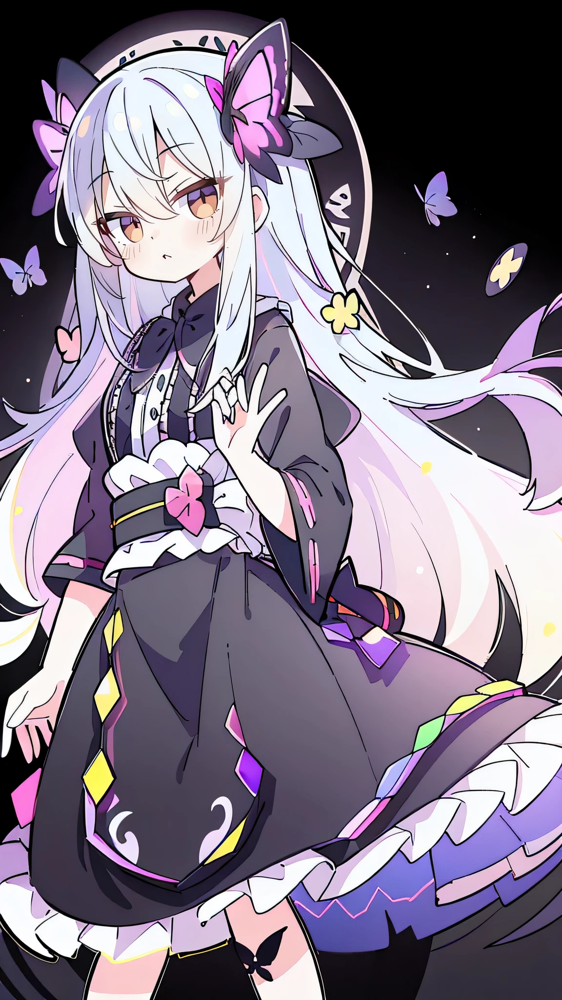 32k, Perfect body, Lovely , Lovely smile, Lovely dress, Long hair, white hair, Black skirt, ((Black butterfly)), ((Black butterfly hair ornament)), ((Black butterfly shaped brooch)), ((Black butterfly dress)), ((Black light particles)), (((Good quality))), ((Black Kimono)), ((black japanese clothing)), ((Full Moon)),