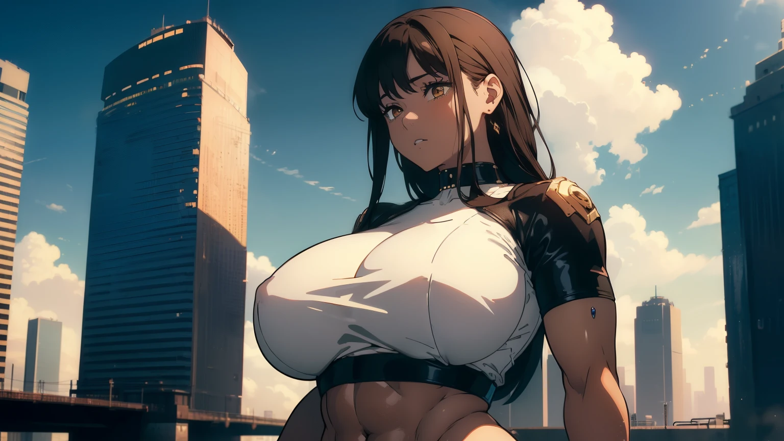 ((((masterpiece, Best Quality, Ultra-high resolution)))),She has a beautiful curvaceous and muscular figure.,she has big breasts,(((Brown Skin))),Long black hair,She&#39;s wearing a crop top and lowrider shorts,blue sky,(Contemporary cityscape)