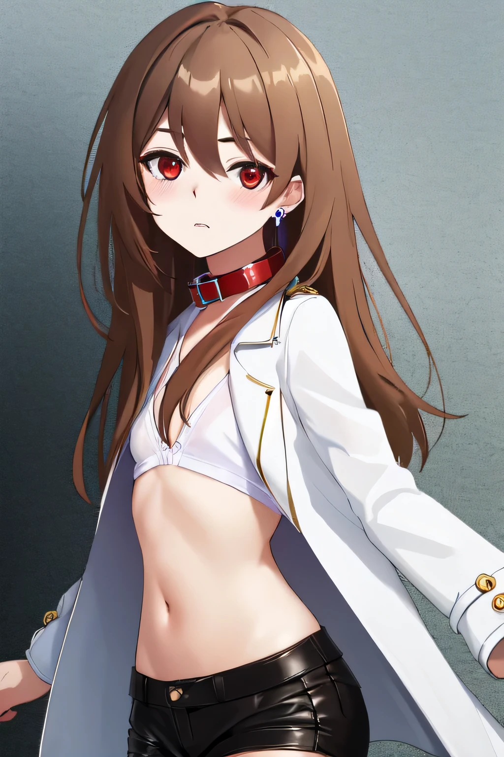  (masterpiece:1.2), best quality, high resolution, (beautiful detailed eyes:1.6), extremely detailed face, extremely detailed CG, (perfect hands, perfect ???????), (((hulemy))), long hair, brown hair, (red eyes:1.3), hair between eyes, shirt, long sleeves, jewelry, white shirt, earrings, pants, coat, open coat, black coat, ((micro shorts)), ((small breasts)), ((Blush)), (((leather collar))),