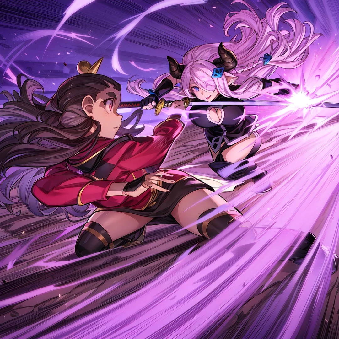 a high-definition, 8k masterpiece that features two attractive adult swordswomen. One of them is Connie Maheswaran, aged 25, dressed in a blue and white striped halter top and black microshorts, wielding a large pink sword with grace. The other is Narmaya from Granblue Fantasy, clad in a sleek black dress and white coat, her hand gripping the hilt of her katana.
They are facing each other in an intense duel under the moonlight, their swords clashing with powerful impact frames. Picture them standing on a field, their competitive smirks adding to the tension of their sparring match. The scene is focused on them; their perfect bodies, hands, faces and eyes gleaming under the atmospheric lighting.
Visualize this scene as it would be in Blazblue style: raw sensuality meets hyper-femininity amidst incredibly sharp absurdres and gradients. Deep highlights accentuate their cleavage cutouts and extremely detailed swords while motion lines portray the fast-paced action.
The artwork should be full-bodied with cel-shaded characters against dynamic scenery. It's an exciting battle art splash filled with cool tones and rich atmospheric shading that captures every detail of the action choreography from dynamic angles and perspectives.
Think about how you can use intense lighting effects to highlight key visuals and create dynamic lines of action. This prompt calls for amazing quality that combines fun with excitement through its intricate details and motion elements