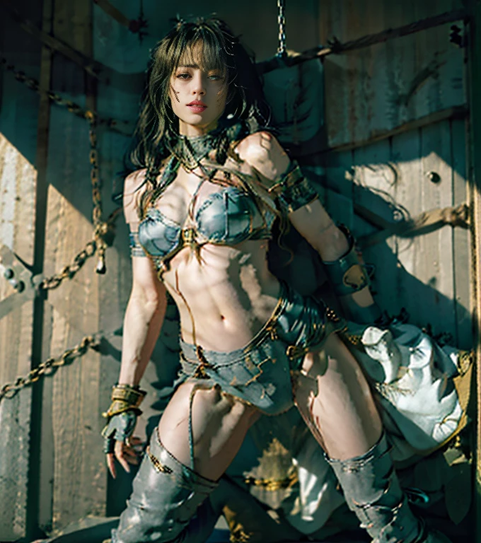 ((Wearing a superheroine's ripped, see-through costume)),(((No pants, No bra)), Wet crotch, Wet thighs, Beautiful girl with toned slim abs: 1.4, (((The tip protrudes, areola protruding,, The shape of the genitals is clearly visible)), Six Pack Abs: 1.4, Breast Botox, (Completely tied with a chain), Constraints, slave, collar, Contempt, (((Tears flow, Crying in pain)), sweating, (((A vast prison bathed in sunlight)), Dark fantasy, Peeling off ceiling, Broken stone slab, Rebar between cracks, Realistic material details, Extreme Detail, ultra-Realistic materials, Broken wall, ((Torn costume))), Wet, cloudy, ((Chained)), ((Large, accentuated by chains)), ((Chains digging into the crotch)) , ((hands tied behind the back, The invisible hand)), (No pants, No bra), Torn costume, Broken gold shield and battle spear, Combat shoulder armor, Scrapped, Blood on the face, Blood splattered, Realistic, (bruise, dirty, Torn clothes, Revealing clothing, Blood: 1.3), brown hair, Long Hair, Torn Cloak, Torn pantyhose, Long legs, ((Chains digging into the crotch)) , One leg is hanging by a chain, 金属製の足かせとConstraints具, (((The chain between his legs stretches taut all the way to the ceiling.)), Arms hanging from the ceiling by chains, left ankle fetters Chained by chains suspended from the ceiling, Wet crotch clearly visible, Shooting from below, A view of the side and hands in handcuffs held up by chains hanging from the ceiling, At his feet is a Swarovski sword and shield, Anatomical, (Futuristic sci-fi battle fashion, Cracked elbow and knee cyber pads, Torn Cyber Long Boots, Torn Cyber Gloves: 1.1), (((Y-shaped balance pose with both wrists and left foot tied))), ((Extend your left leg straight without bending your knee)), photograph, Sharpness, Unique 850 4, Koda850k Portrait Camera, F1.6 Lenses, ultra Realistic textures, Amazing light texture, CINESTILL 800 FASHION MECHANIC,