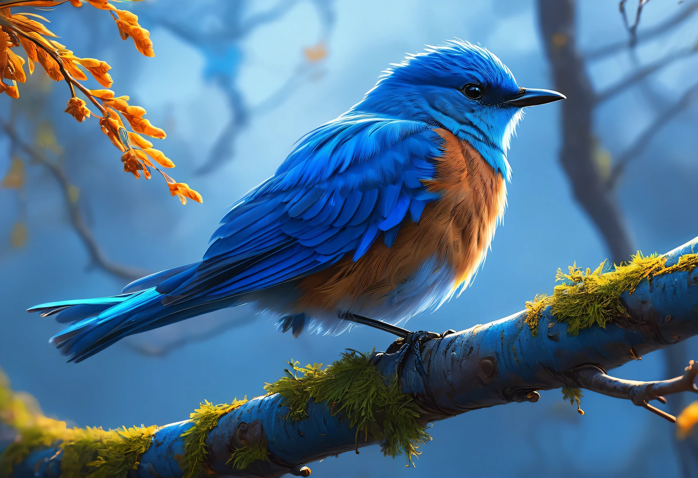 A picture of a blue bird perched on a tree branch, a digital painting by Alexander Kucharsky, Trending on CGSociety, Fantasy art, Beautiful art UHD 4K, Detailed painting 4k, beautiful picture of a tall person, 8k high quality detailed art, blue phoenix bird, 鳥 f cgsociety, Highly detailed digital art in 4K, 4k art