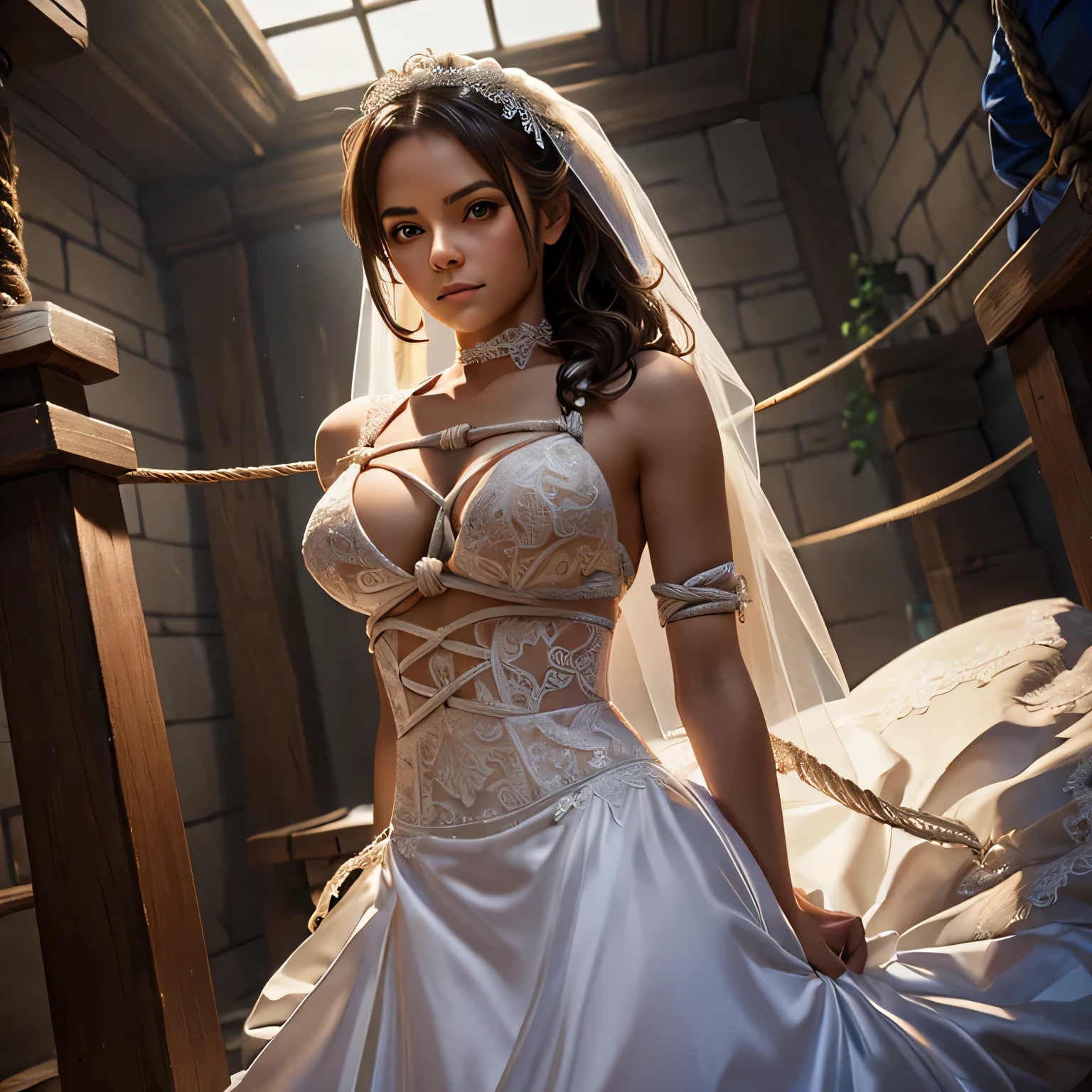  Make a picture where a bride is tied up, a female thief behind her who is tie her with rope, bound,BridesRoleplayCostume