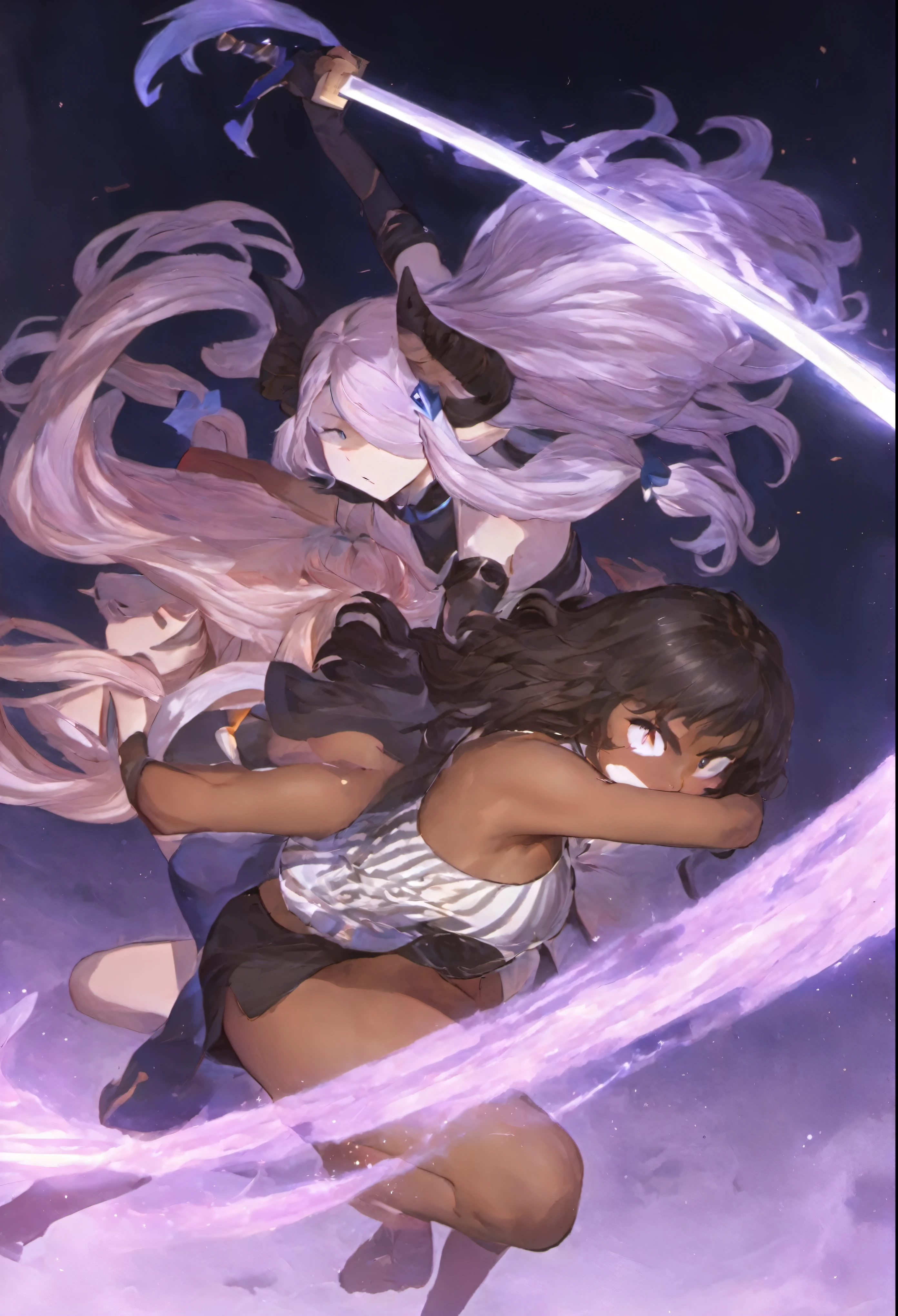 a high-definition, 8k masterpiece that features two attractive adult swordswomen. One of them is Connie Maheswaran, aged 25, dressed in a blue and white striped halter top and black microshorts, wielding a large pink sword with grace. The other is Narmaya from Granblue Fantasy, clad in a sleek black dress and white coat, her hand gripping the hilt of her katana. 

They are facing each other in an intense duel under the moonlight, their swords clashing with powerful impact frames. Picture them standing on a field, their competitive smirks adding to the tension of their sparring match. The scene is focused on them; their perfect bodies, hands, faces and eyes gleaming under the atmospheric lighting.

Visualize this scene as it would be in Blazblue style: raw sensuality meets hyper-femininity amidst incredibly sharp absurdres and gradients. Deep highlights accentuate their cleavage cutouts and extremely detailed swords while motion lines portray the fast-paced action.

The artwork should be full-bodied with cel-shaded characters against dynamic scenery. It's an exciting battle art splash filled with cool tones and rich atmospheric shading that captures every detail of the action choreography from dynamic angles and perspectives.

Think about how you can use intense lighting effects to highlight key visuals and create dynamic lines of action. This prompt calls for amazing quality that combines fun with excitement through its intricate details and motion elements