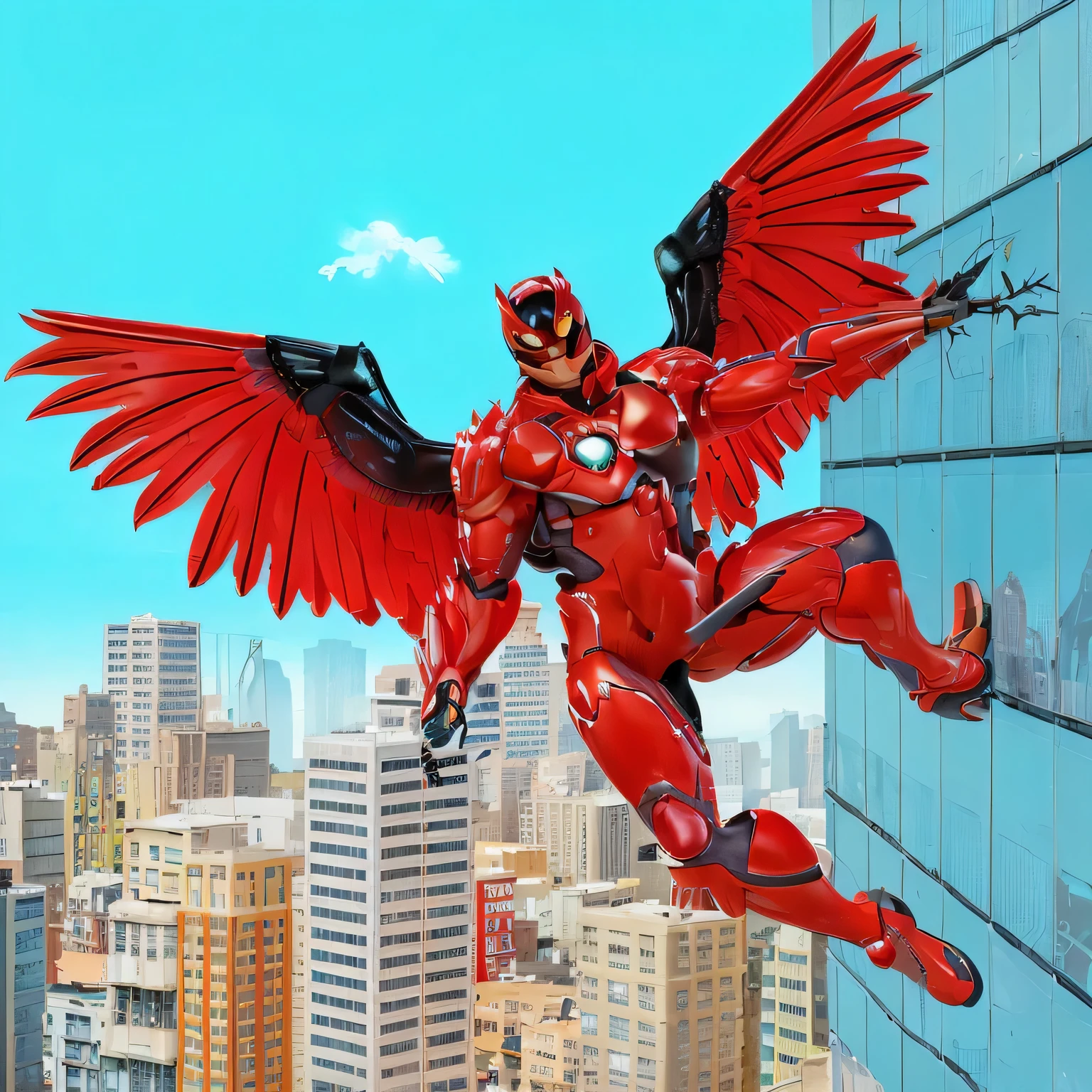 araffe flying in the air with wings outstretched over a city, flying scarlet phoenix, marvelous, jumping leaping heroic attack, cyborg wing, epic comic book style, diamond plated superhero, crow in cyber armour, cg art, futuristic robot devil, flying anime esper, cliffjumper, red feathered wings for arms, superhero from the boys tv show, batwings