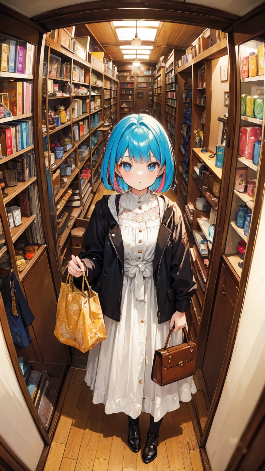 (masterpiece, best quality), (colorful:1.4), from above, solo, 1girl standing in an antique shop with lots of vintage items on the shelves and a bag of antiques, depth of field, fisheye lens