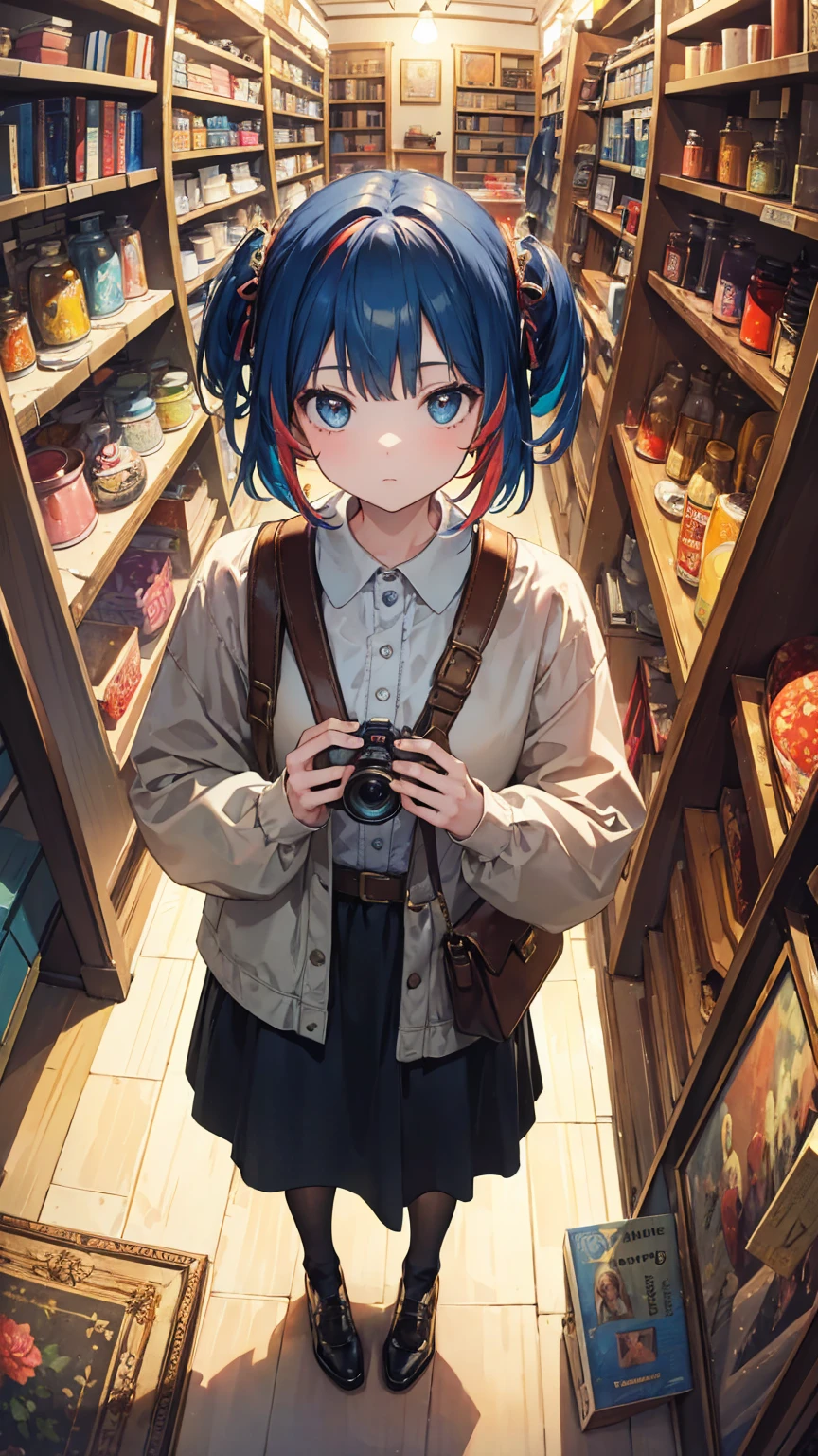 (masterpiece, best quality), (colorful:1.4), from above, solo, 1girl standing in an antique shop with lots of vintage items on the shelves and a bag of antiques, depth of field, fisheye lens