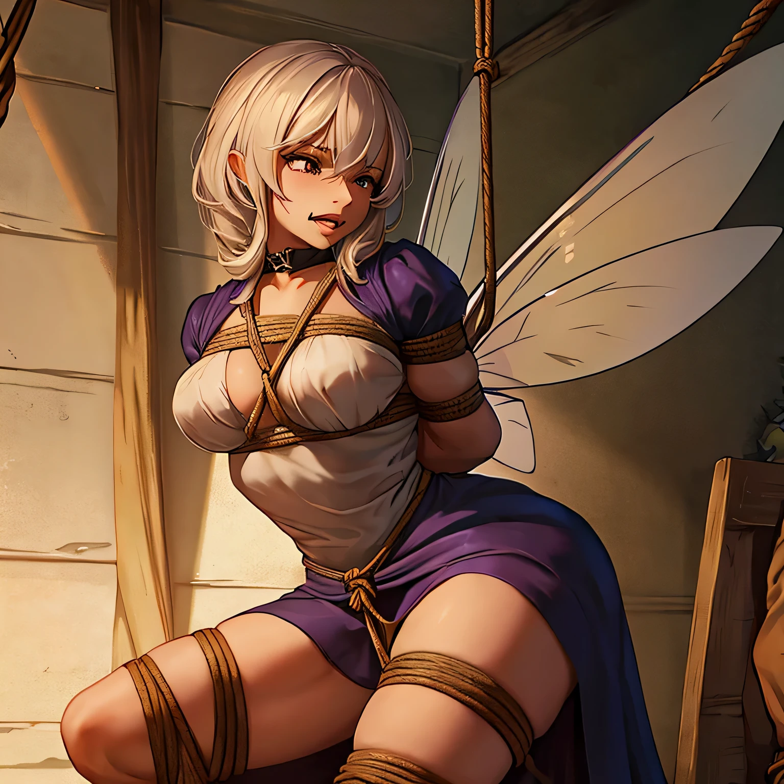 a fairy with detailed wings,gagged fairy,gagged fairy with wings,2 burglars,burglars,burglar,rope,net,queen,queen holding a rope,net,bound fairy,bound fairy with rope,queen's hand,net on the queen's hand,bound fairy on a net,bound fairy tied with a rope,bound fairy being gagged by burglars,two burglars binding the fairy,fantasy,illustration,highres:1.2,ultra-detailed,photorealistic:1.37,horror,sharp focus,vivid colors,dark lighting