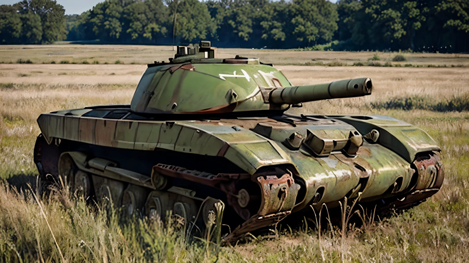 Old, a rusty tank lies on a field among tall grass