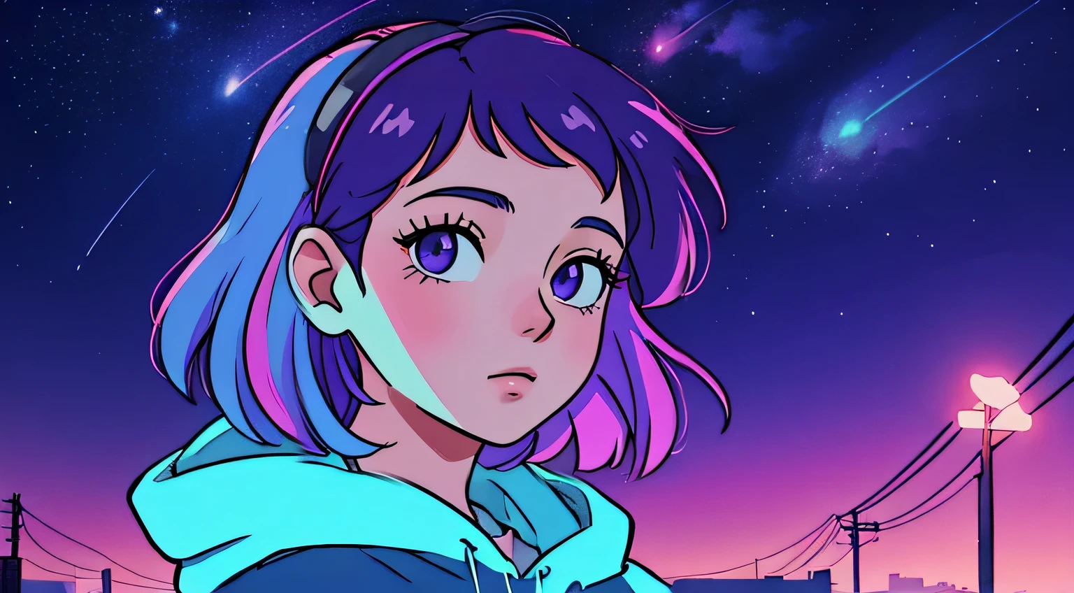 A girl, stars, starry sky, Elogio Artstyle, Arte Lofi, lofi aesthetic, Lofi Sensation, Hip Hop Lofi, , Retrato Lofi, lo fi, arte lo-fi, vibe, badass vibes , cores , purple and blue, synthwave colors, high resolution