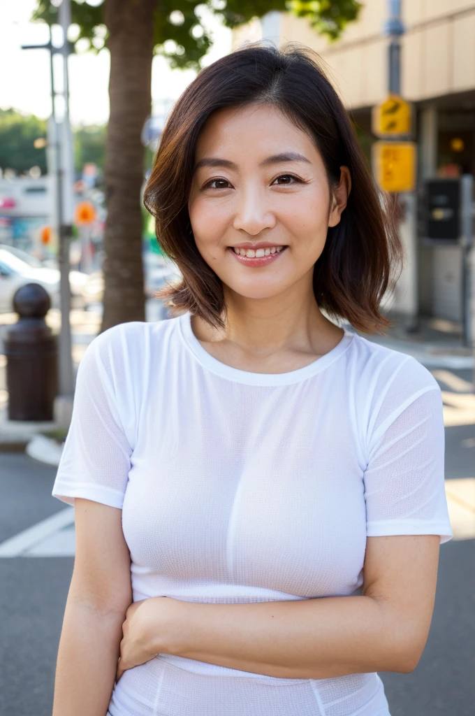 日本人 Mature Woman, (alone), 50 years old, (Wrinkles around the eyes:1.2), Mature Woman, Chubby body type(((Stand upright, facing the center of the screen。))Glamour, Sexy, Chromo White Skin, View your viewers、Oversized breasts、Sleeveless knit tight fit knit dress、High heels、smile、Night in the City、Prostitute、Brow wrinkles