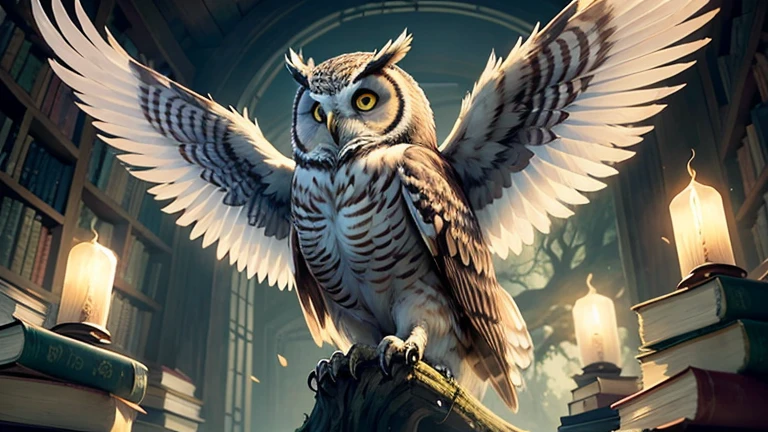 Illustrate the Wise Old Owl perched on a sturdy branch, wings folded, and wearing a serene expression. Surround the owl with an aura of wisdom, perhaps with books or scrolls nearby, symbolizing his knowledge.