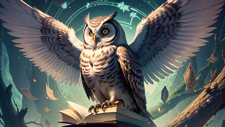 Illustrate the Wise Old Owl perched on a sturdy branch, wings folded, and wearing a serene expression. Surround the owl with an aura of wisdom, perhaps with books or scrolls nearby, symbolizing his knowledge.