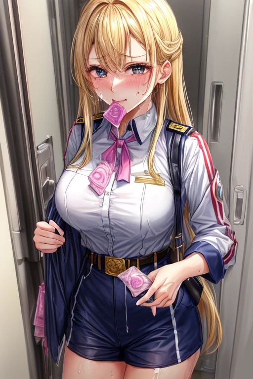Relena Peacecraft, masterpiece, highest quality, Detailed face, Fine grain, highlight, big_chest, Are standing, Relena military uniform, good, ((Sweat,, Biting a condom, Hold a condom, Hold a condom, 使用後はコンドームをchest部と脚部のストラップに掛ける))((Sweating,, Biting a condom, Hold a condom, Hold a condom after use, 使用後にchestに垂れ下がるコンドーム))、No condoms needed！