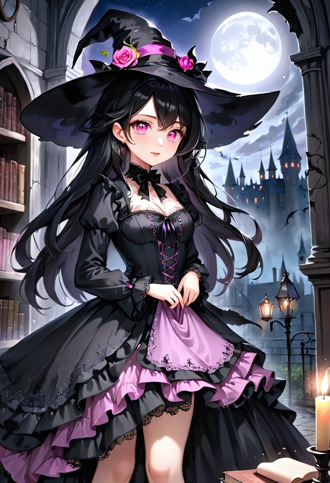 best quality,ultra-detailed,realistic,photorealistic,pink-eyed,long-haired girl looks happy,beautiful detailed eyes,beautiful detailed lips,long eyelashes,best quality portrait painting,detailed,physically-based rendering,ultra-fine painting,fine details,painting,a teenage boy joins a witch coven and he gets magically transformed into a cute witch girl,gender bending,witches are helping dressing up the new girl,girl happily getting dressed in a stunning black victorian dress, physically-based rendering,gorgeous dress design,flowing gown,elaborate lace details,rich textures,contrast stitching,delicate ribbon bows,floral accents,full skirt,high neckline,long sleeves,fitted waistline,flared cuffs,lace-up back,luxurious fabrics,flawless silhouette,high heels, pink-eyed girl,effeminate face,pointy hat, average breast size, long black hair,witches assisting in dressing up the new girl,promptly helps the girl getting dressed in a stunning black Victorian dress, spell books and potions in the background, inside an abandoned castle, moonlit night with a full moon shining above, soft and ethereal lighting , high resolution, 4K, 8K