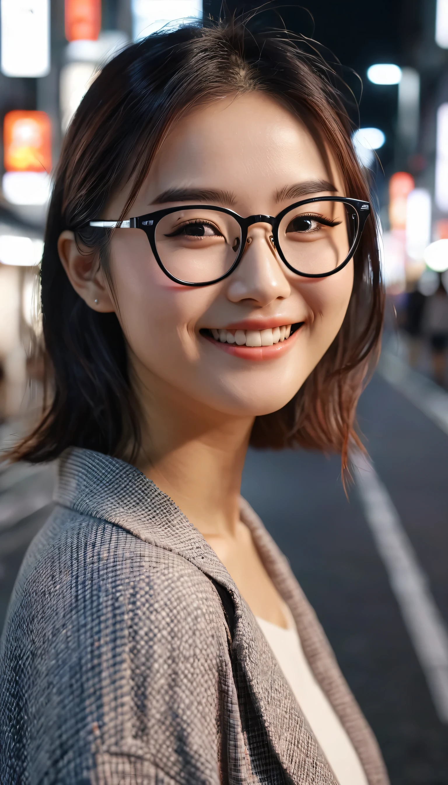 Cute girls in their 20s, Wearing glasses,Very beautiful woman,Tokyo Street,night, Streetscape,City lights,Upper Body,close,smile,, (8K, Raw photo, highest quality, masterpiece:1.2),(Realistic, photo-Realistic:1.37),