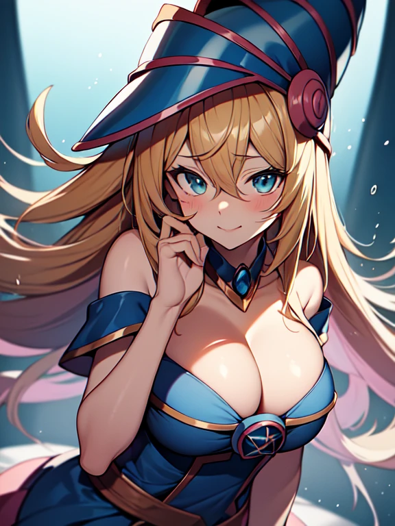 master piece,best quality,ultra detailed,8k,
ambient light,realistic skin,glossy skin,break、
(dark magician girl, duel monster, blush stickers, blonde hair, green eyes, long hair, breasts, blush, bangs, large breasts, hair between eyes, pentacle, pentagram, hat, dress, cleavage, bare shoulders, collarbone, choker, blue headwear, wizard hat, bracer, detached sleeves;)、break、
A realistic depiction of a person trapped inside a glass bottle, 、(lie face down:1.3)、(the body is very wet:1.5)、yukata、Glossy lips、Slightly emphasize the lower lip、A refreshing smile、emphasizing the cleavage、