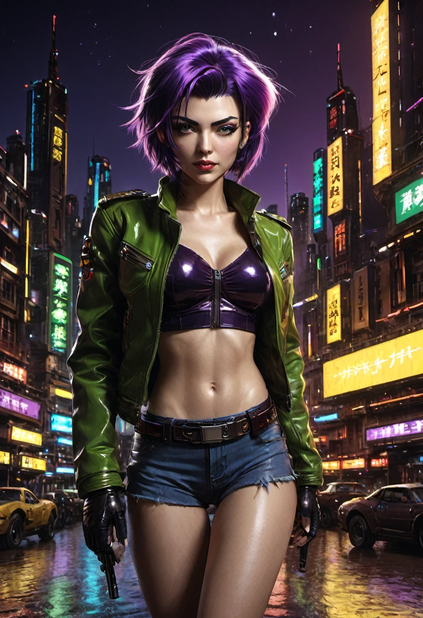 1girl, Faye Valentine, Cowboy Bebop, bob cut, solo, big breasts, green eyes, purple hair, hairband, cbbebop, cbbebop spaceship, (best quality, realistic), futuristic cityscape, neon lights, bounty hunter, space western, intense action, femme fatale, dynamic pose, jazz music, smoke, cigarettes, leather jacket, gun, yellow background, confident expression, stylish outfit, mysterious atmosphere, cyberpunk, sci-fi noir.