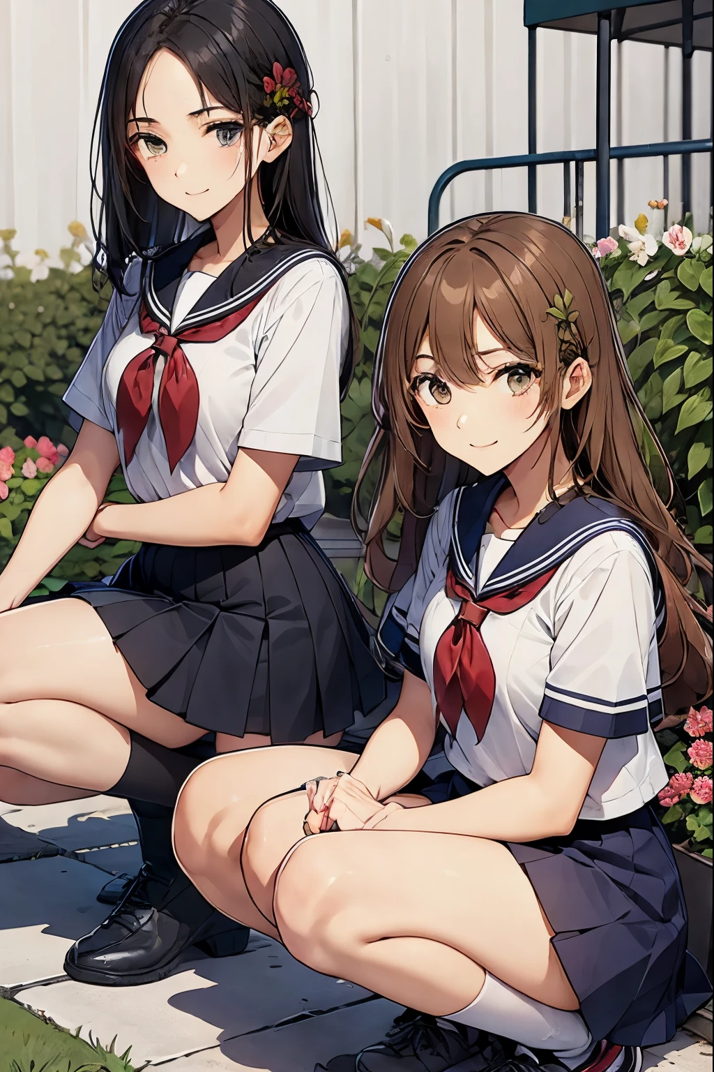 Two high school girls are squatting in front of a flower bed、seductive smile、school playground、Looking at the flower bed