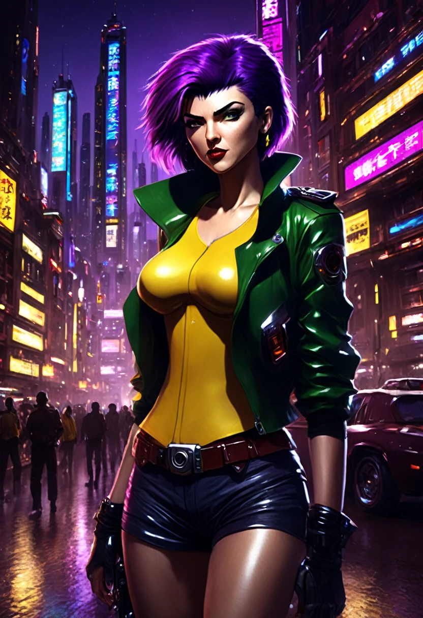 1girl, Faye Valentine, Cowboy Bebop, bob cut, solo, big breasts, green eyes, purple hair, hairband, cbbebop, cbbebop spaceship, (best quality, realistic), futuristic cityscape, neon lights, bounty hunter, space western, intense action, femme fatale, dynamic pose, jazz music, smoke, cigarettes, leather jacket, gun, yellow background, confident expression, stylish outfit, mysterious atmosphere, cyberpunk, sci-fi noir.