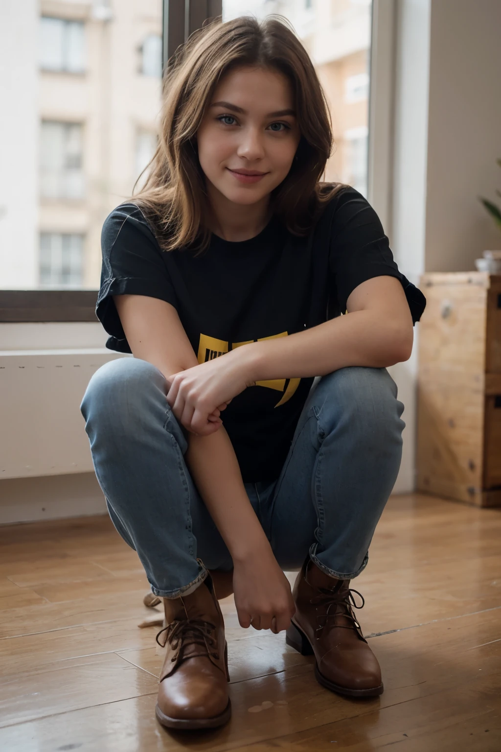((best quality)), ((masterpiece)), (detailed), perfect face,  gorgeous girl with golden hair and blue eyes wearing black shirt and yellow jeans with brown boots, little smile 