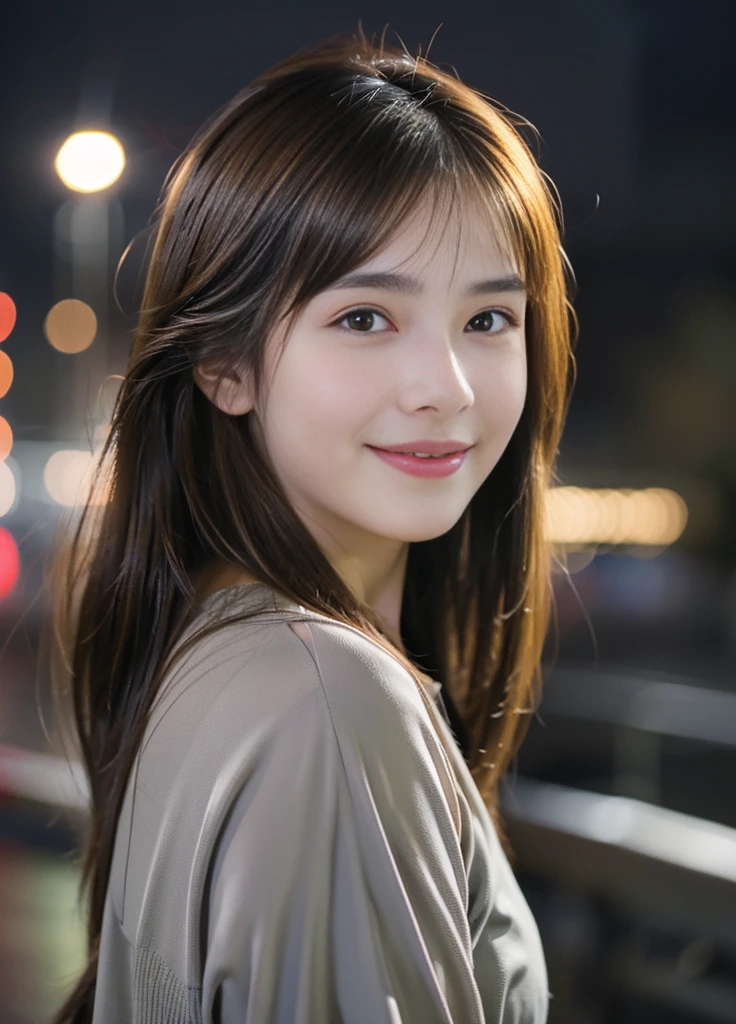 17 year old beautiful girl、Japanese、Highest quality、Realistic、16K、Young face、long hair、Mix 4,(8k, RAW Photos, highest quality, Master:1.2), (Realistic, photo-Realistic:1.37),One girl,cute,Cityscape,night,rain,Wet,professional lighting,Photon Mapping,Radio City,physically based rendering ,.panoramic、smile、Taken from a distance