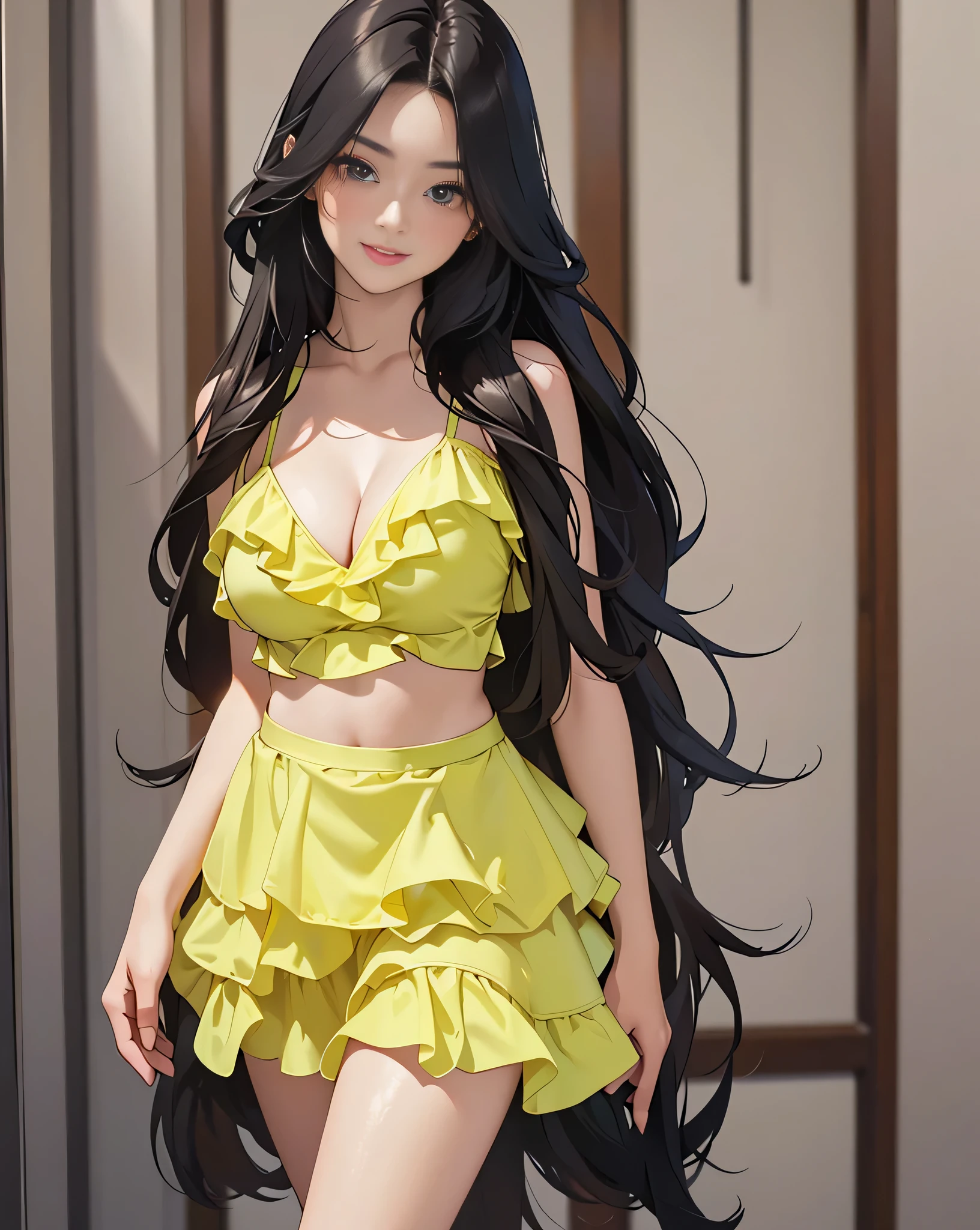 ((Best quality, 8K, Masterpiece :1.3)),18 year old, most beautiful girl, (Hands reach for the lens:1.2) (full body:1.2), Sharp focus :1.2, Pretty Women with Perfect Figure :1.4, Slender abs :1.2, ((layered long hair, Big breasts :1.2)), big smiles, revealing bid breast, high heels.
