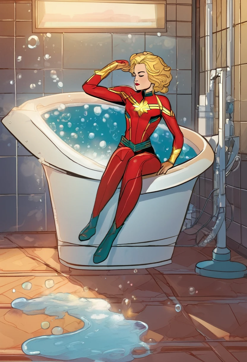 Captain Marvel is relaxing in a bubble bath after a hard day at work. Her uniform is draped on a chair nearby