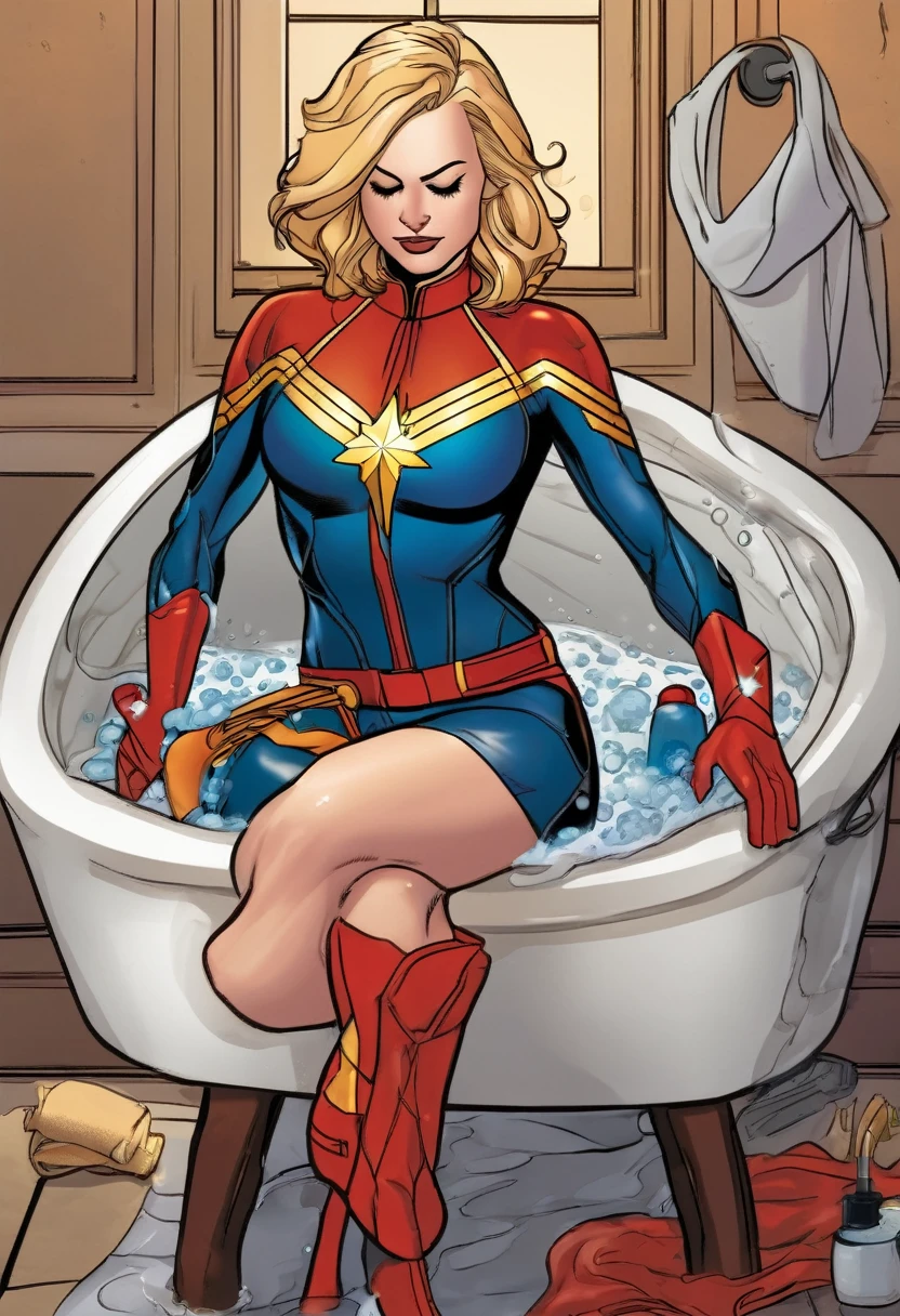 Captain Marvel is relaxing in a bubble bath after a hard day at work. Her uniform is draped on a chair nearby
