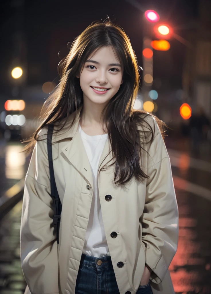 beautiful girl、Japanese、Highest quality、Realistic、16K、Young fe、long hair、Full body、Mix 4,(8k, RAW Photos, highest quality, Master:1.2), (Realistic, photo-Realistic:1.37),One girl,cute,Cityscape,night,rain,Wet,professional lighting,Photon Mapping,Radio City,physically based rendering ,.panoramic、smile、Taken from a distance