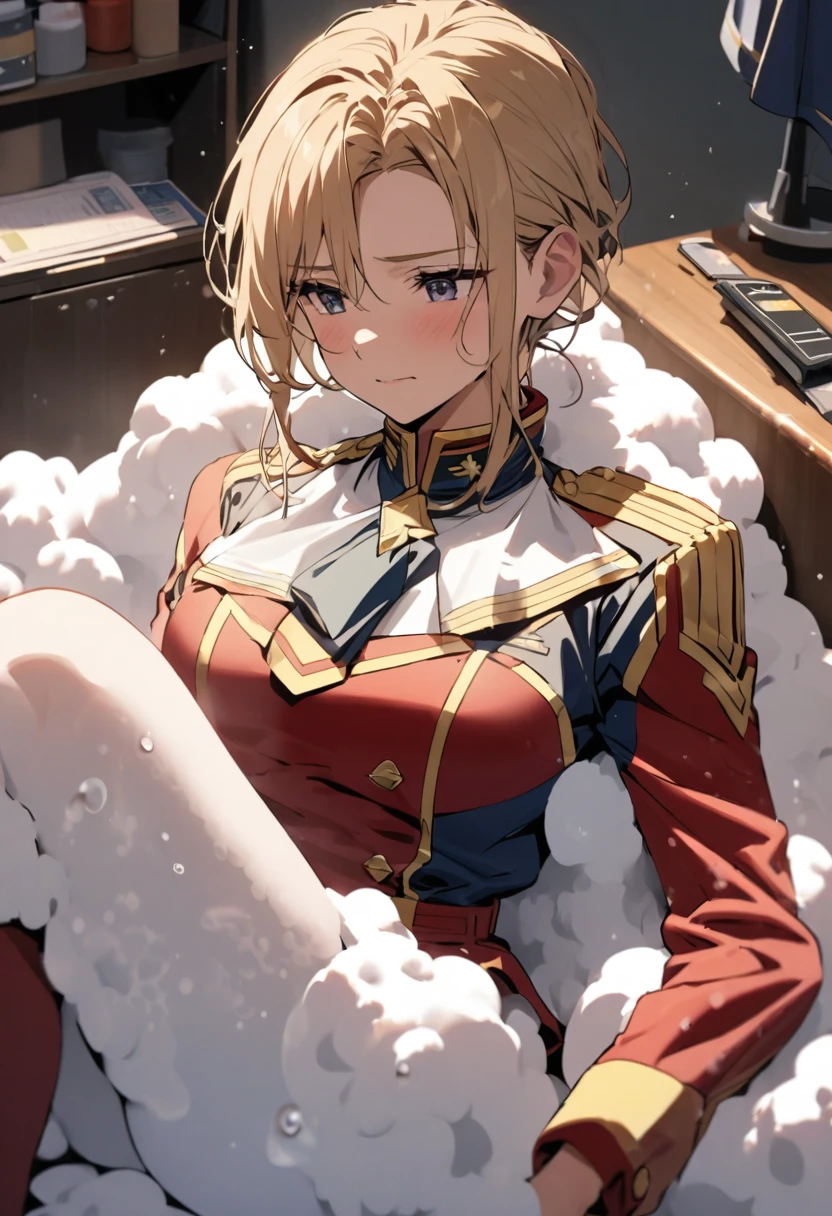 Captain Marvel is relaxing in a bubble bath after a hard day at work. Her uniform is draped on a chair nearby