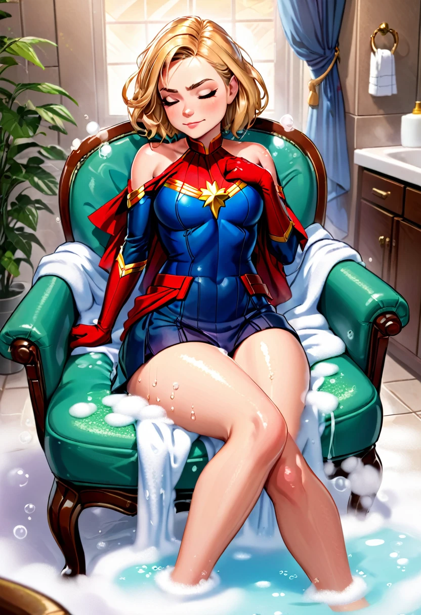 Captain Marvel is relaxing in a bubble bath after a hard day at work. Her uniform is draped on a chair nearby