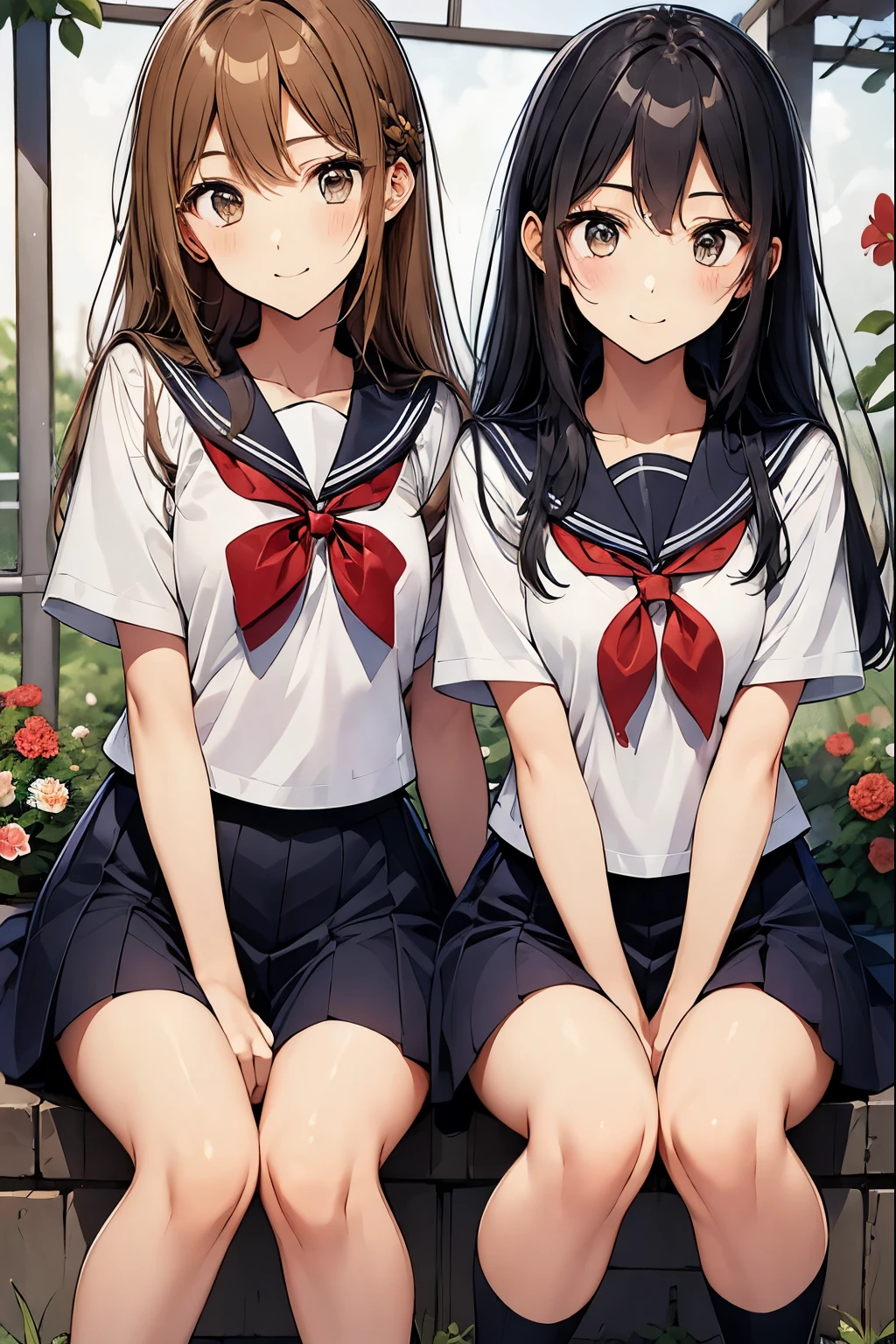 Two high school girls are squatting in front of a flower bed、seductive smile、school playground、Watching the flowers