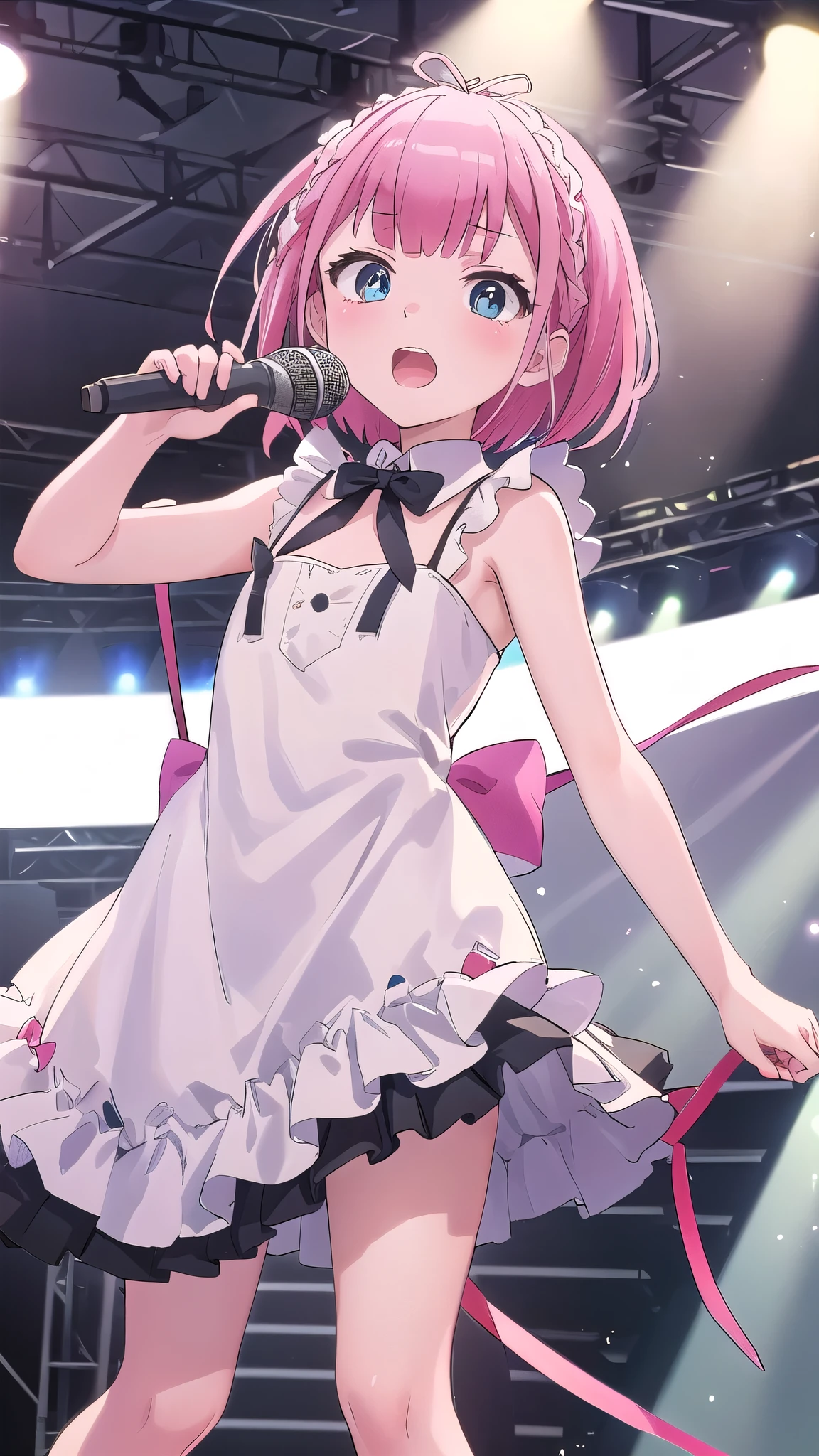 bring about, One girl, alone, flat chest, stage, Light, Ruffled Dress, bow, ribbon, microphone, lower one's head, Perfect quality, good quality, masterpiece, High resolution, 超High resolution