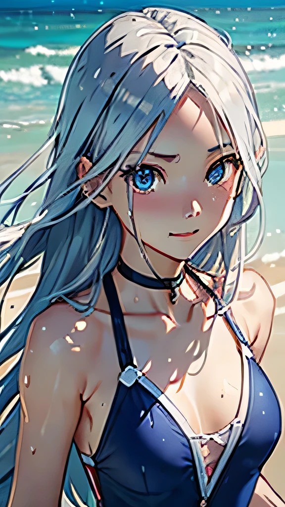 highest quality、Realistic、Japanese、Women、cute、cobalt blue eyes、long hair、Silver Hair、all back、Forehead is coming out、Strong winds、Ocean、Midsummer、Sweat、Sunburned skin、Blue swimsuit、joy、Grinning、face close up、Small breasts、slender