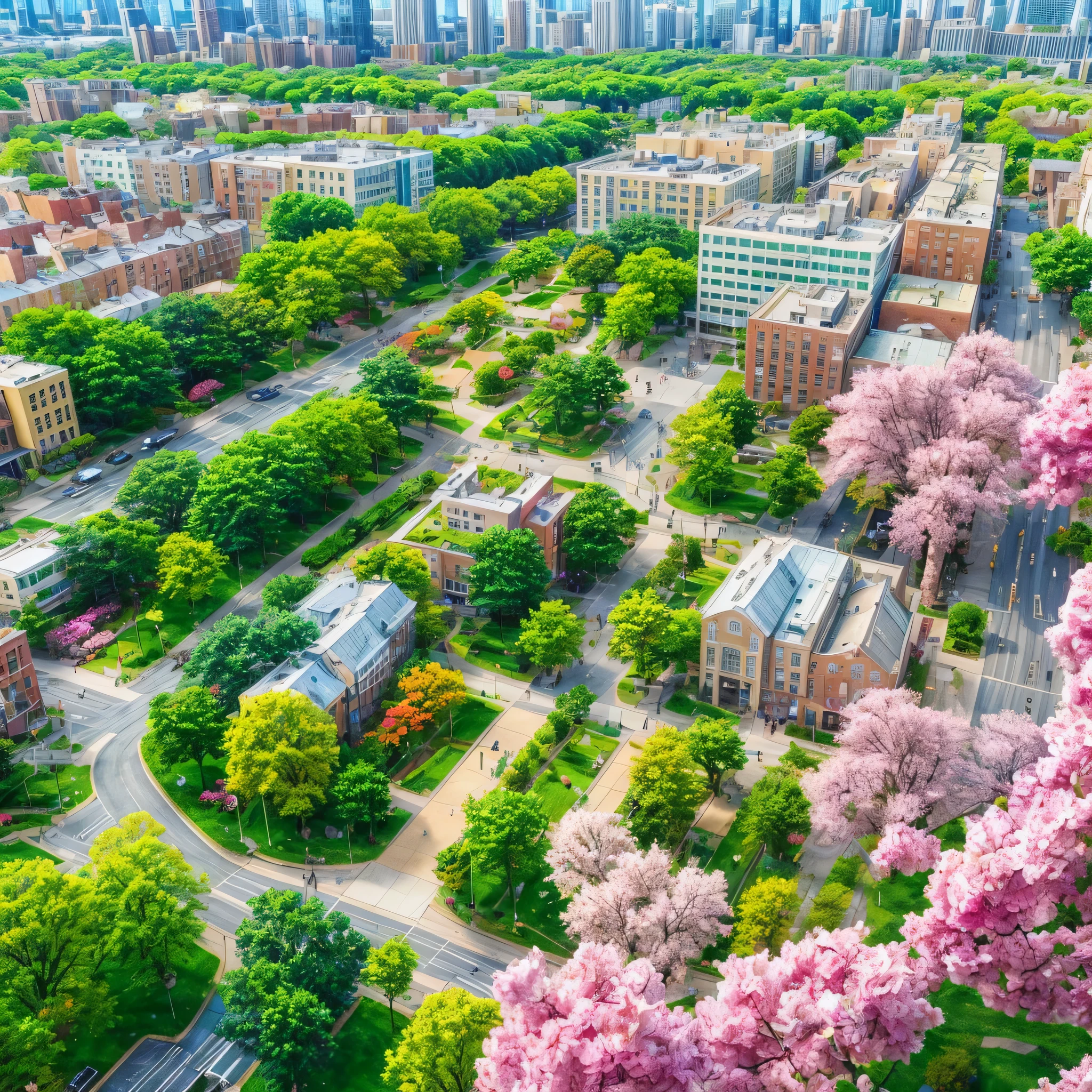 the landscape of the city, green, spring, flowers bloom, beautiful, anime style; American style; not very bright; bird's eye view 