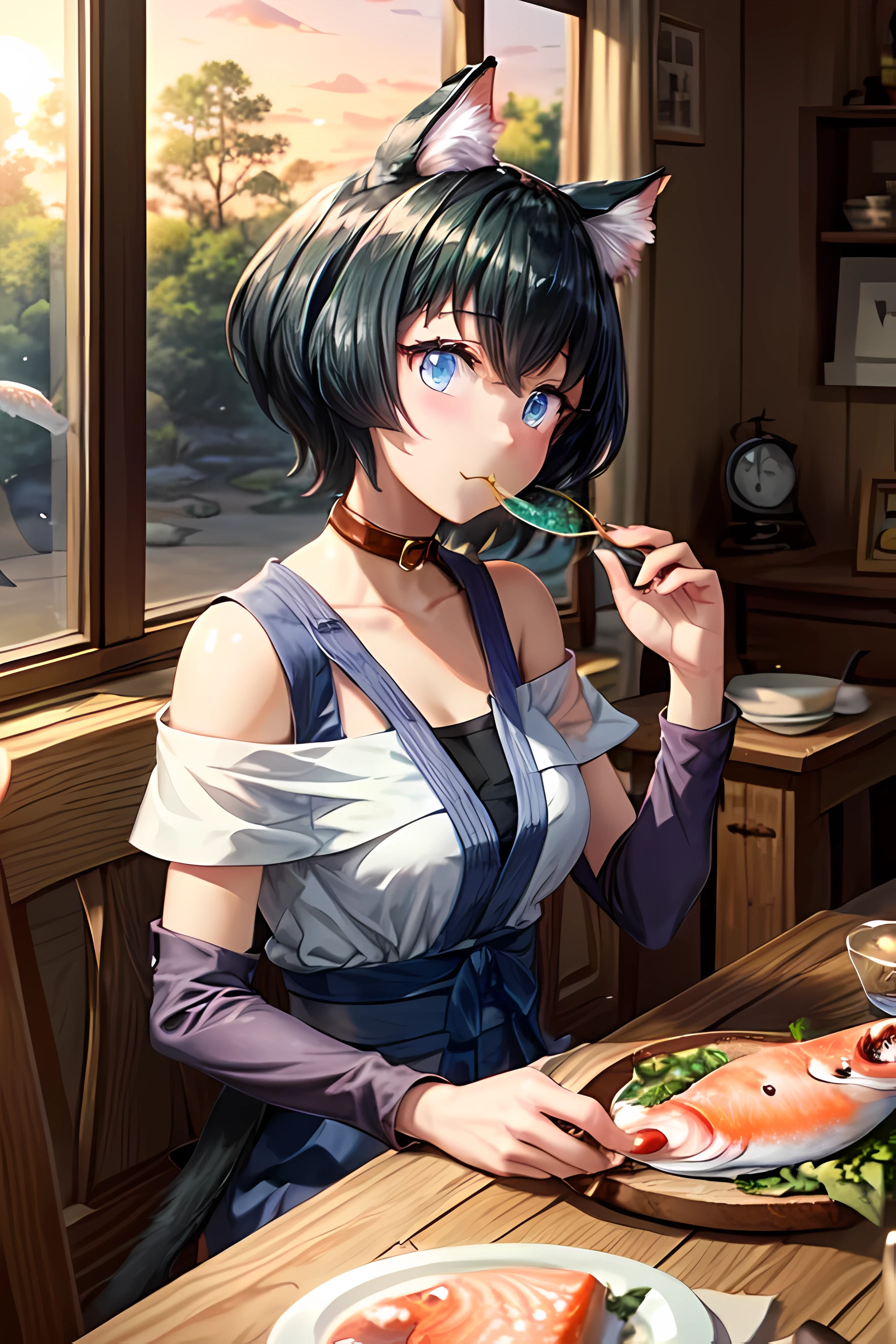 (masterpiece), (high_quality:1.3), Miria, cat ears, cat_girl, ((blue)) cat tail, collar, (:3), (happy), sitting, (holding_food), (((eating))) (((fish))), indoors, wooden_house, dining room, looking_at_viewer, morning, sunrise, forest, anime