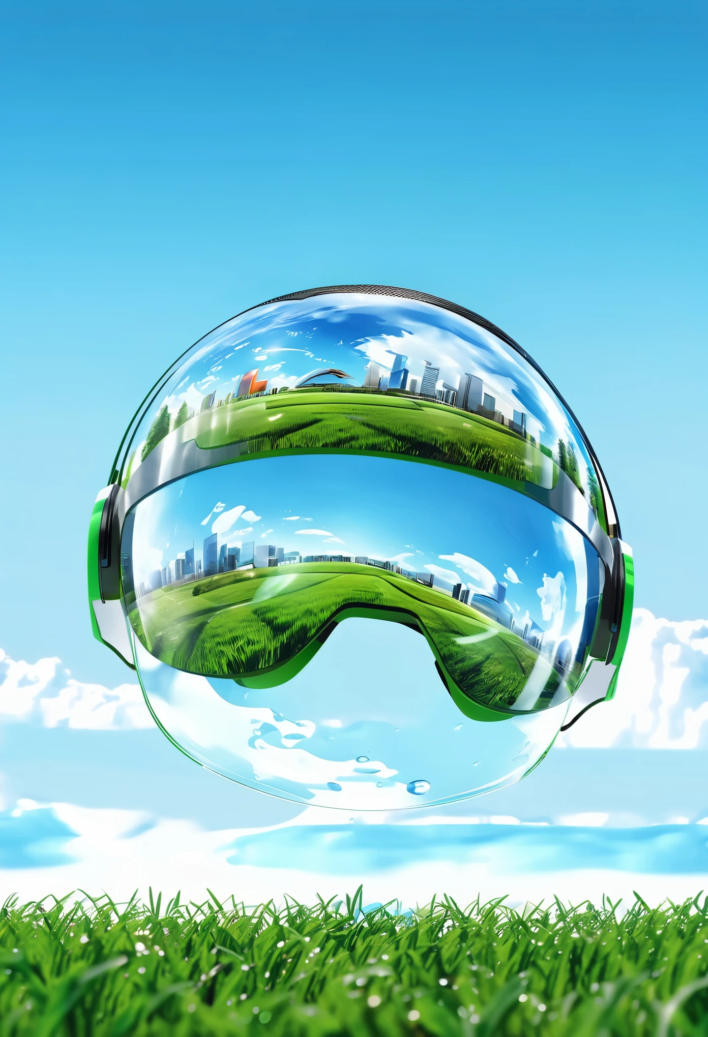 (best quality,4k,highres,masterpiece:1.2),ultra-detailed,(realistic,photorealistic,photo-realistic:1.37), Ad for virtual reality, Frutiger Aero aesthetic art with complex geometric 2D shapes, sunny blue sky, green field, futuristic background buildings, glossy material, virtual reality helmet, morphing water, Futuristic, shades of white and blue, light background, highly detailed, 4K.