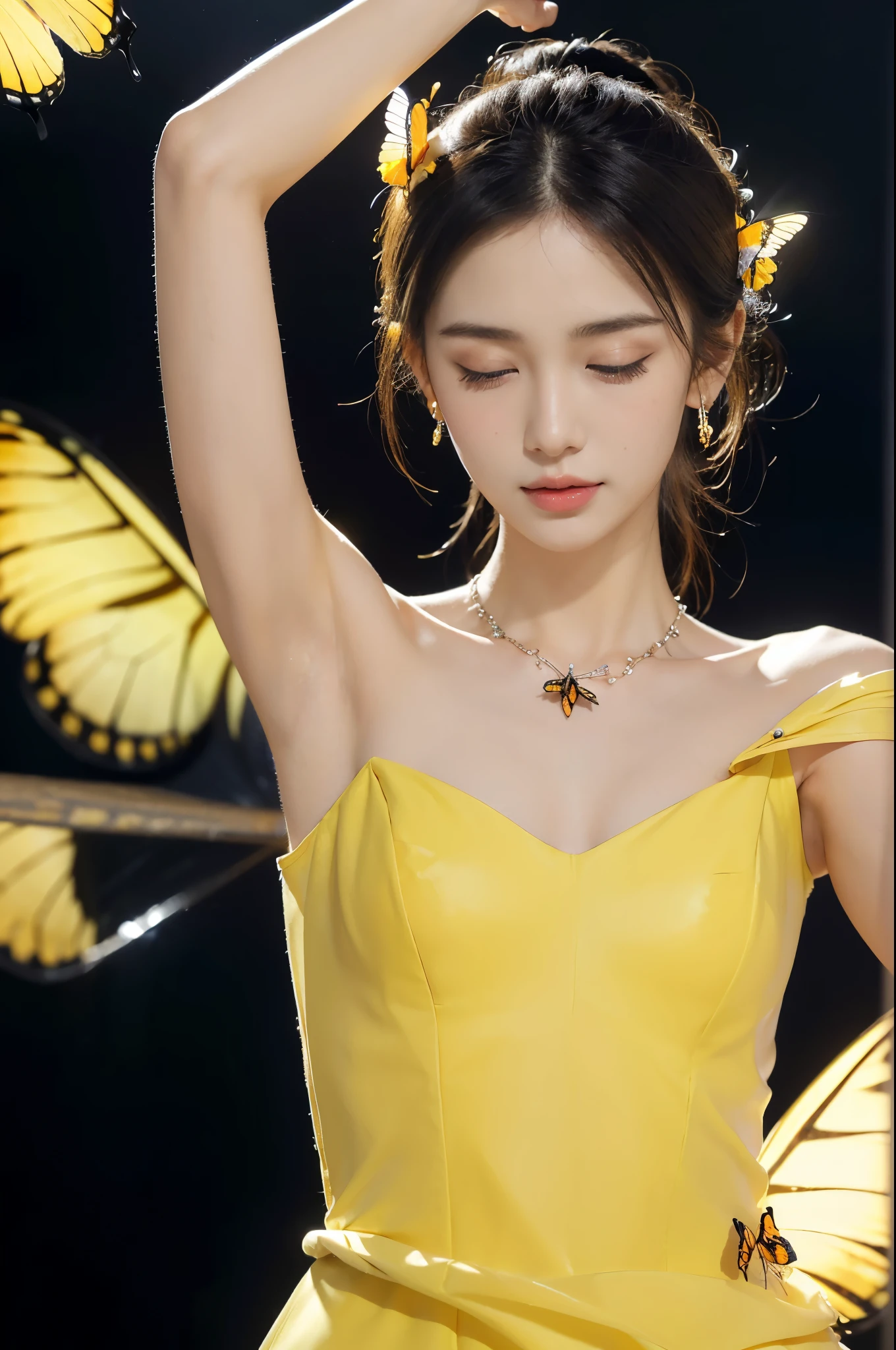 ((((8k))),((Extremely meticulous CG)) ,(wallpaper),(Portrait above the chest:1.2),16k,((Extremely refined and beautiful)),(((Masterpiece))),(((best qualtiy))),(((Ultra High Resolution))),beautiful light up,Perfect lightning,realistic shaded,((high resolution)),(Smooth and flawless skin:1.5),(Extremely exquisite facial details:1.2),(perfect body:1.2),(ultra-detailed),((A beautiful girl,solo)),(small head:1.2),(pale skin:1.3),(short ponytail:1.2),(earrings:1.2),(close eyes:1.5),(open mouth:1.5),(small face:1.2),(Exquisite makeup:1.2),((slim,thin)),(laughing:1.2),(happy:1.2),(crystal necklace:1.2),(small breasts:1.2),(flat chests:1.2),(strap Gorgeous yellow dress made of butterflies:1.5),(night scene:1.5),(indoor:1.3),(neon lights:1.3),(detailed background:1.5),(standing:1.3),(raise arms up:1.5),(armpits:1.3),(close-up of face:1.3),(from front:1.3),