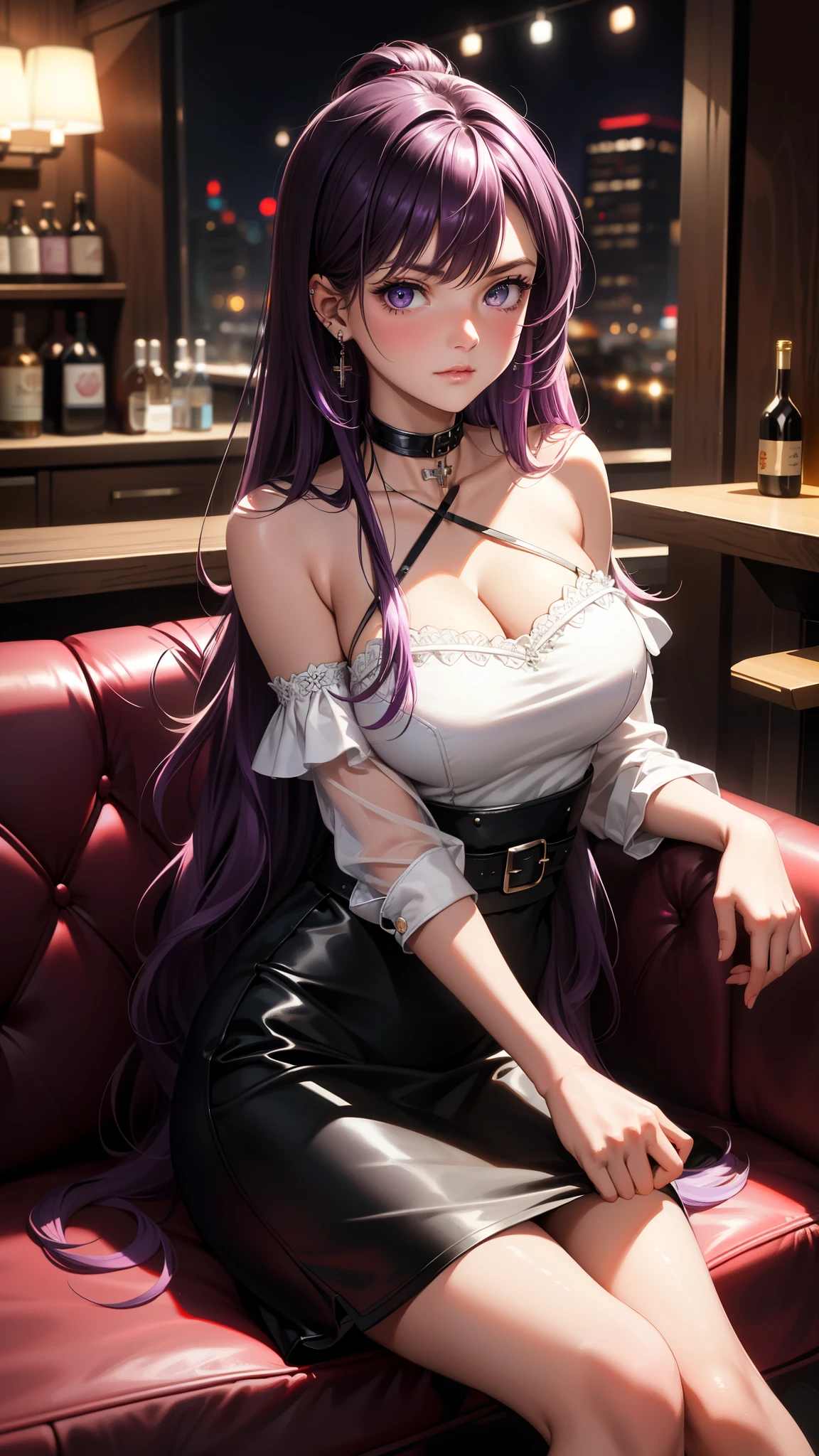 (best quality:1.1), (Masterpiece:1.2), High quality, beautiful details, Beautiful face, detailed eyes, depth of field, high resolution, best shadow, best light, 1 girl, see the audience, shiny purple hair, smooth, blunt, long hair, Wavy Hair, ruby pink ดวงตา, shy, very big breasts, pump, (((white camisole))), black leather jacket, black leather skirt, table, mirror, liquor bottle, night time, rift,  Fierce eyes, pub bar background, sexy, cool, throw, Cool ,Ear jewelry, Sitting cross-legged, sofa , bitch