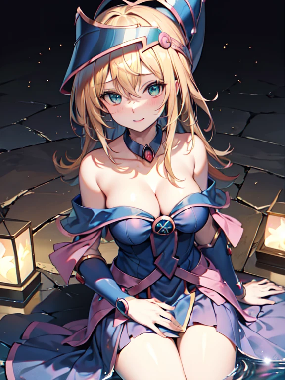 master piece,best quality,ultra detailed,8k,
ambient light,realistic skin,glossy skin,break、
（dark magician girl, duel monster, blush stickers, blonde hair, green eyes, long hair, breasts, blush, bangs, large breasts, hair between eyes, pentacle, pentagram, hat, dress, cleavage, bare shoulders, collarbone, choker, blue headwear, wizard hat, bracer, detached sleeves;）、break、
A realistic depiction of a person trapped inside a glass bottle, 、（lie face down：1.3）、（the body is very wet：1.5）、yukata、Glossy lips、Slightly emphasize the lower lip、A refreshing smile、emphasizing the cleavage、