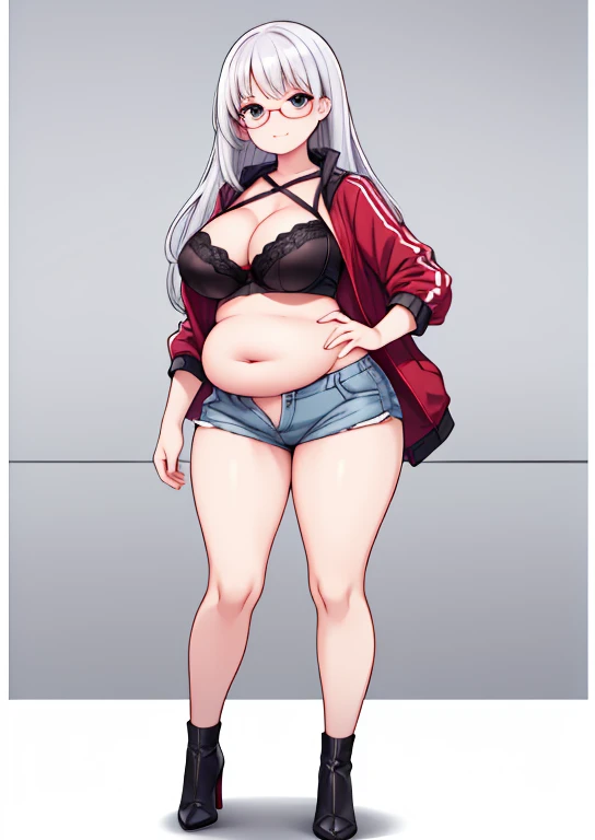 (masterpiece, best quality, highly detailed), 1girls, big belly, huge belly, art by kipteitei, round belly, chubby, curvy, belly grab, enormous belly, fat belly, thicc, bigger belly, really big belly, jiggly belly, glasses, unzipped jacket, (no shirt), bra, thight shorts, high heels, smug face ((full body)), long hair