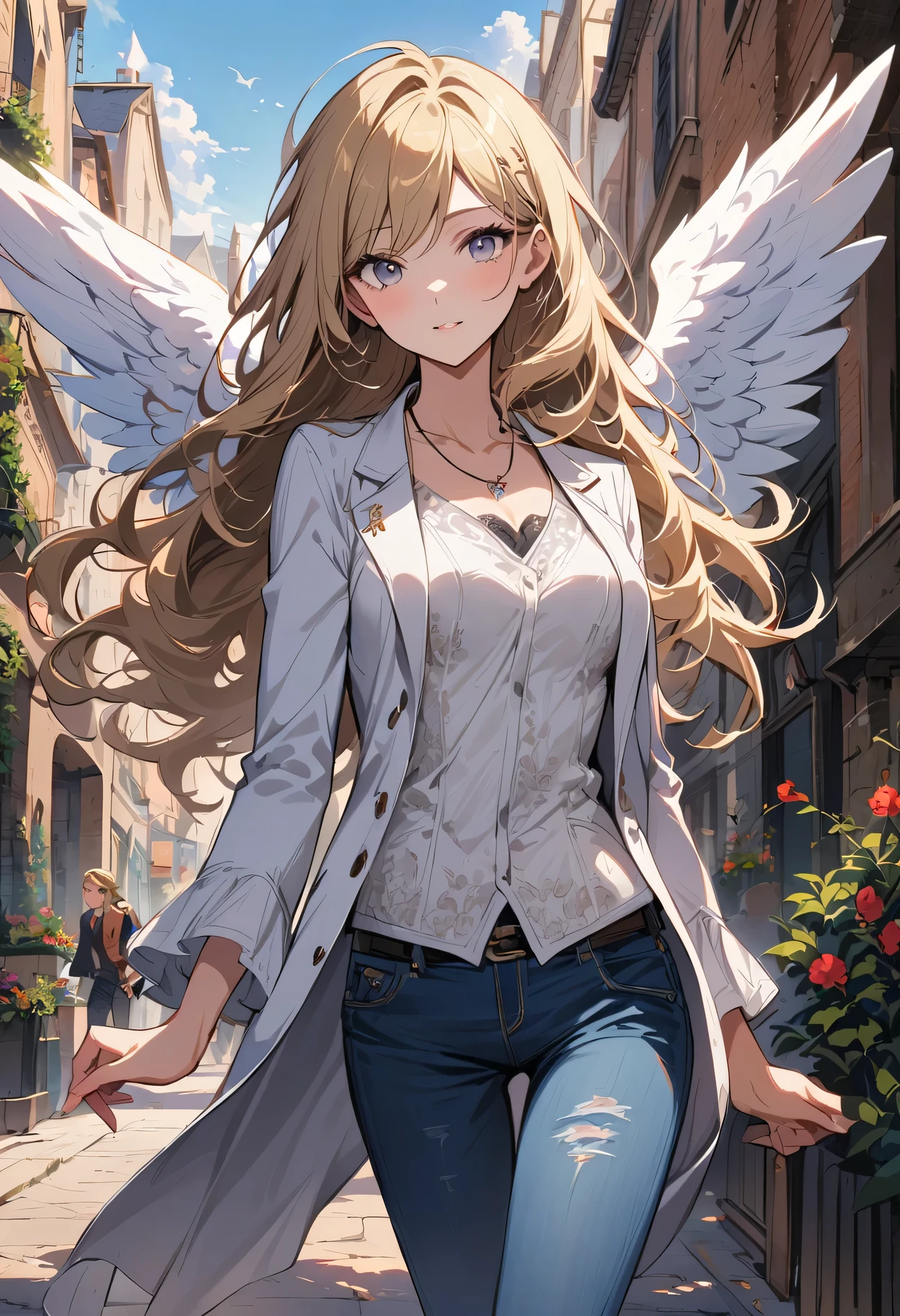 1 Girl, Medium breasts, Blonde hair, Long hair, curls, Gray eyes, White feather wings, Angel, outdoor, white jacket, necklace, Vest, jeans
