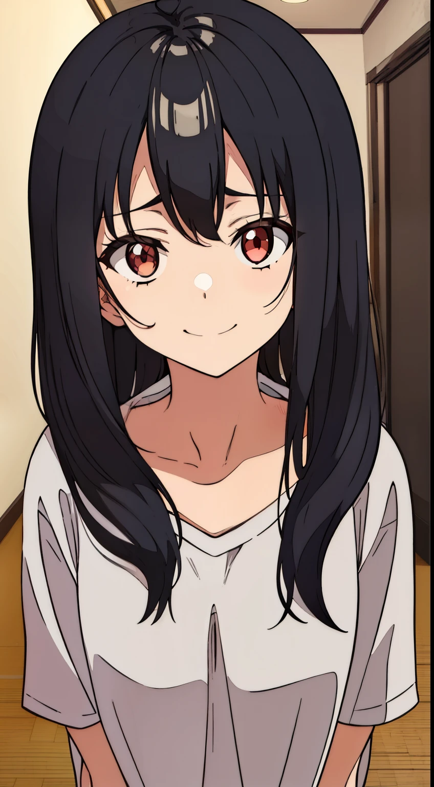 (One girl) with black hair, Untidy hair,,,, dirty hair, red tired eyes, in Japanese , bare feet. bags under the eyes, Lots of eye shadow,, yandere, Crazy evil smile with teeth, In the background of an ordinary home room